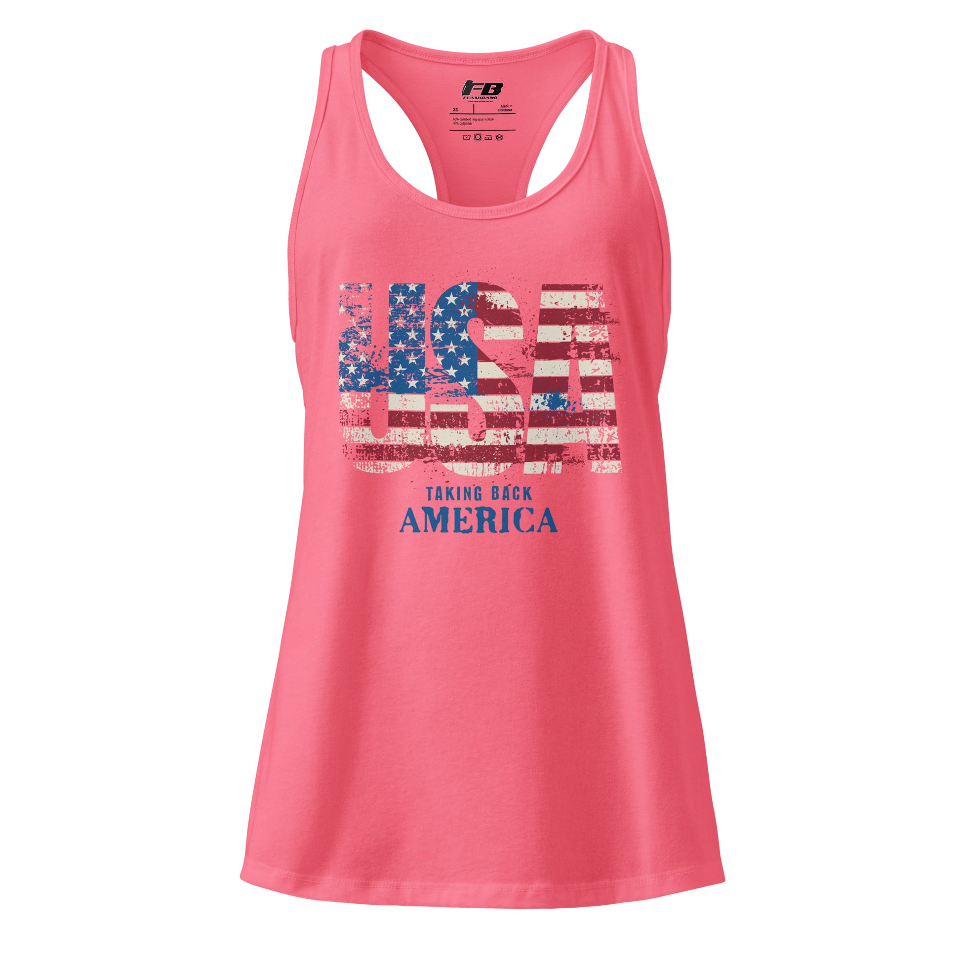 Pink tank top with American flag design and text on a white background