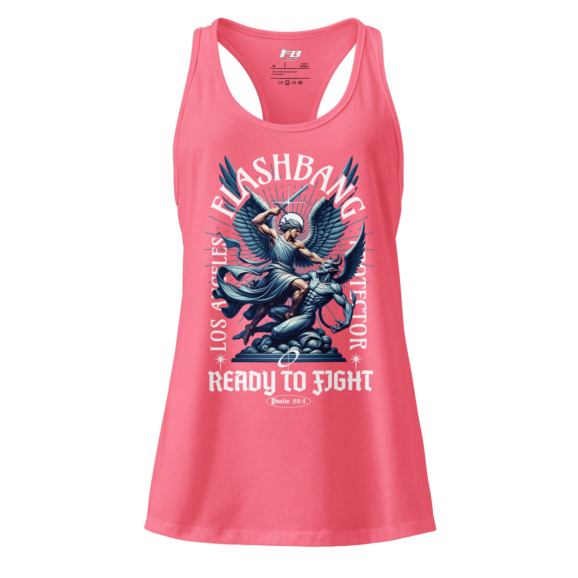 Pink tank top with graphic design and text on a white background
