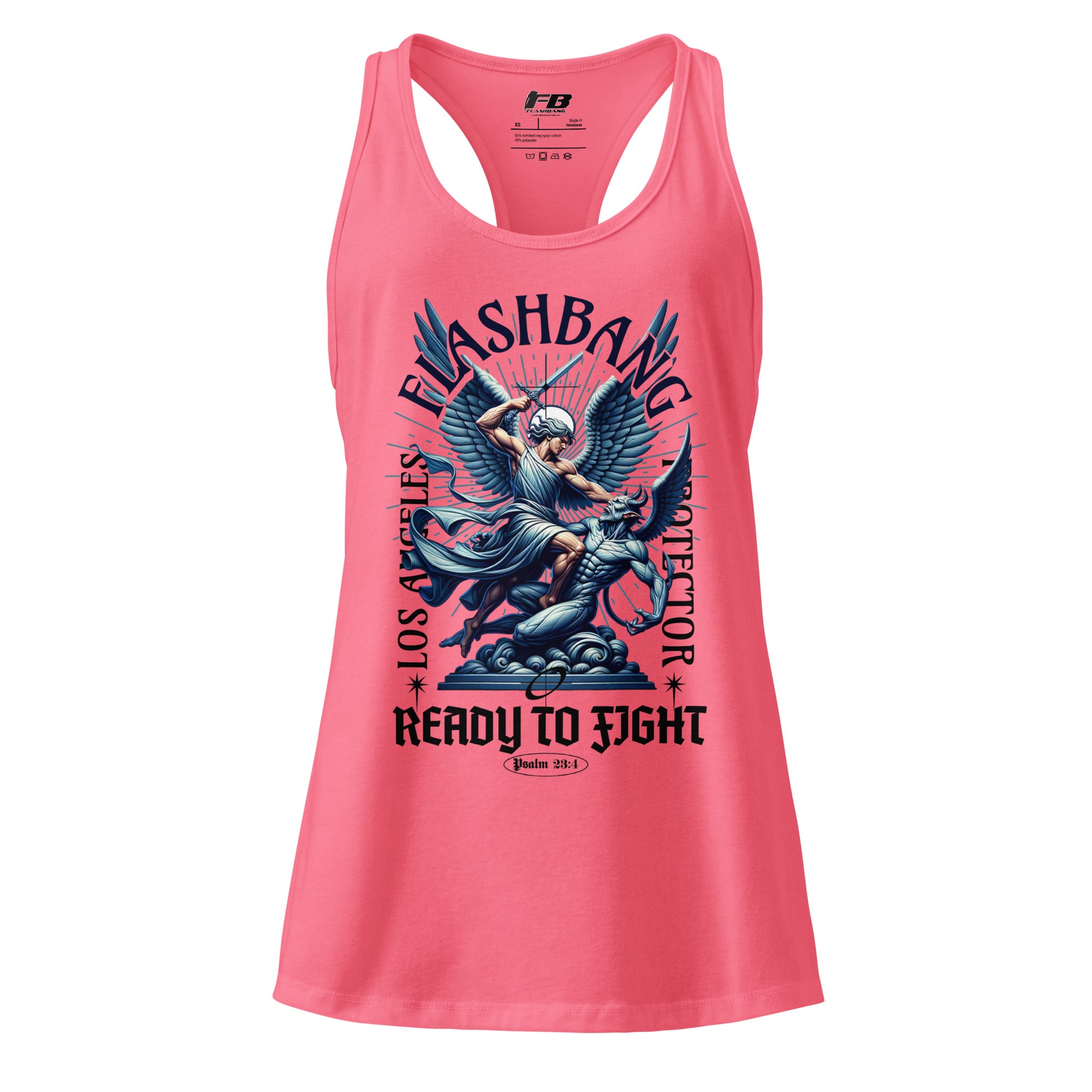 Pink tank top with graphic design and text on a white background