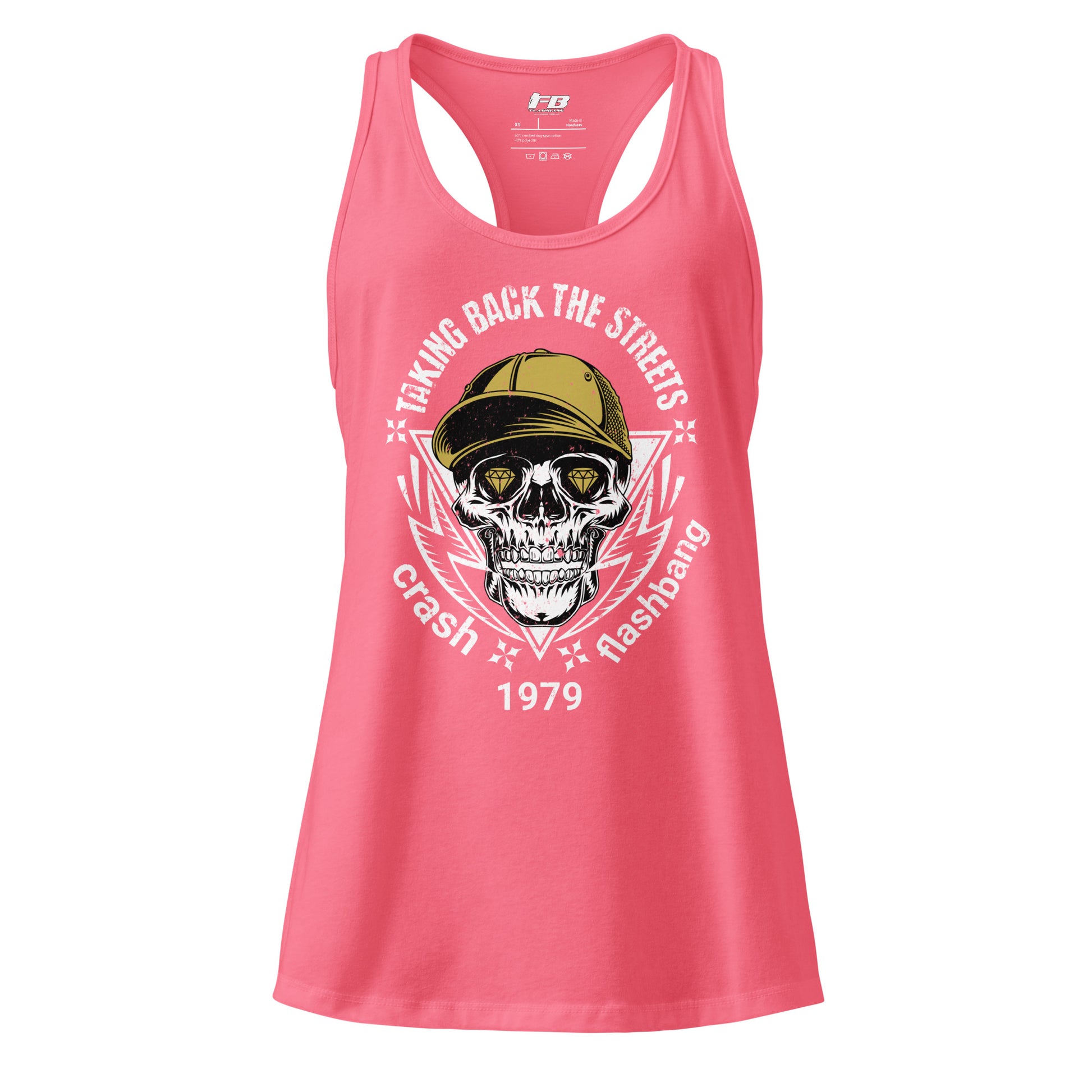 Pink tank top with skull graphic and text on a white background