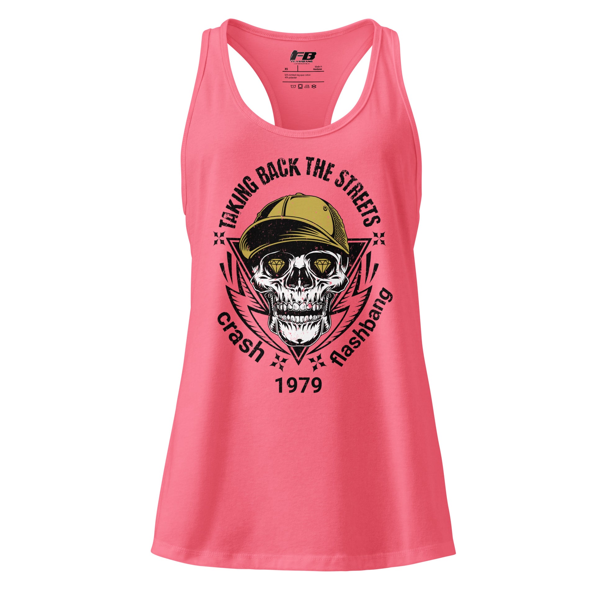 Pink tank top with skull graphic and text on a white background