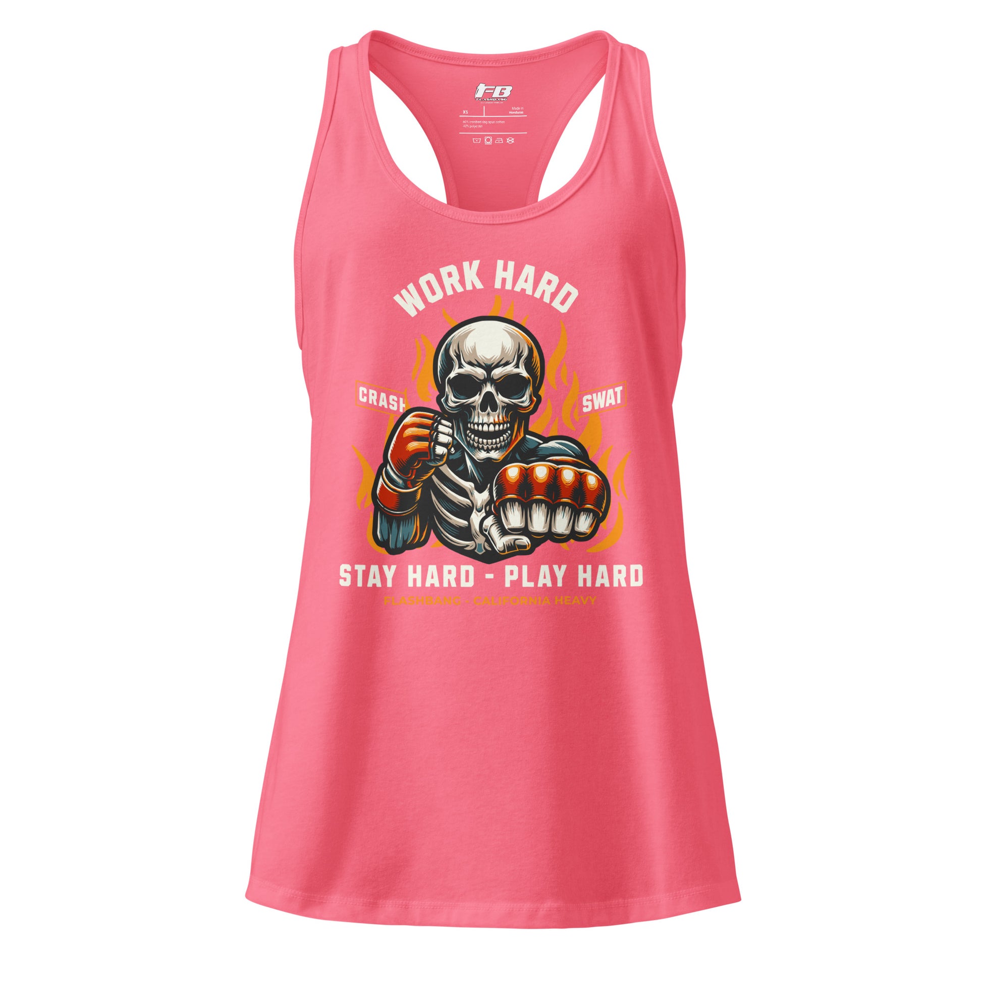 Pink tank top with a skeleton graphic and text on a white background