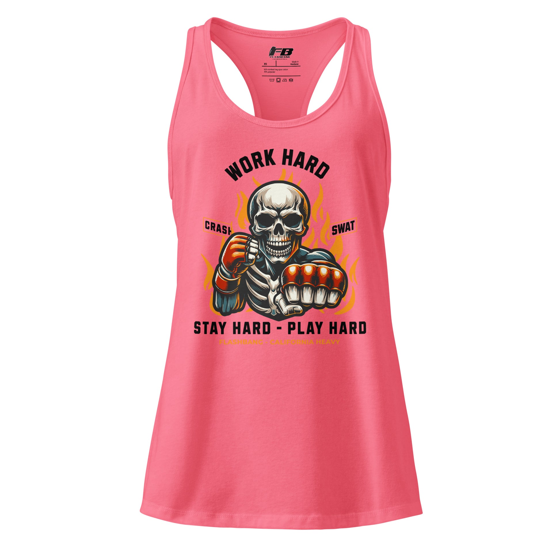 Pink tank top with a skeleton graphic and motivational text on a white background