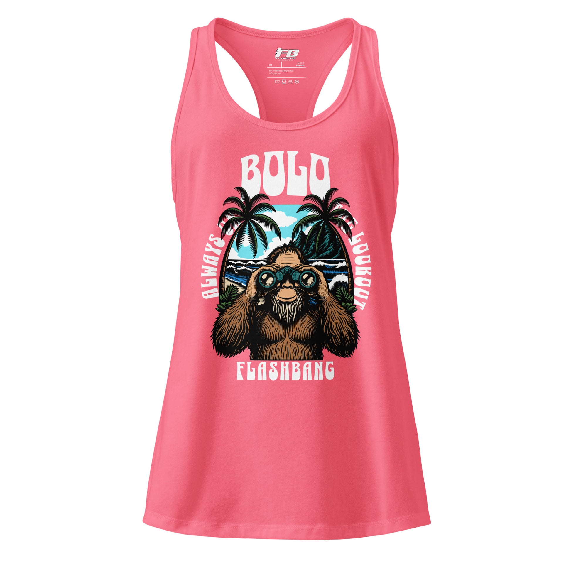 Pink tank top with a graphic of a sloth and text on a white background