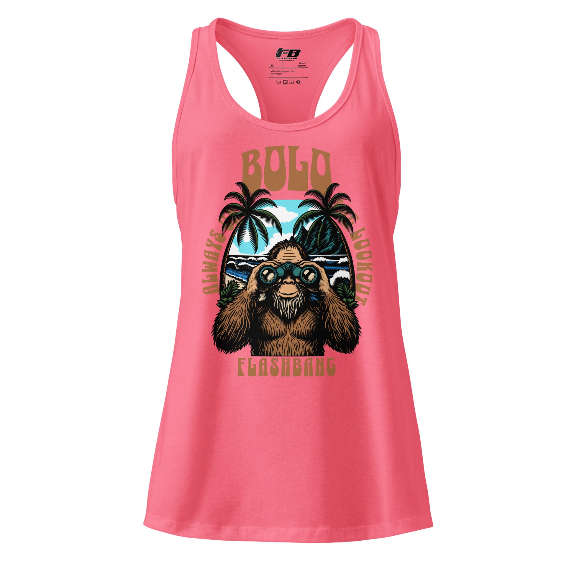 Pink tank top with a sloth graphic and text on a white background