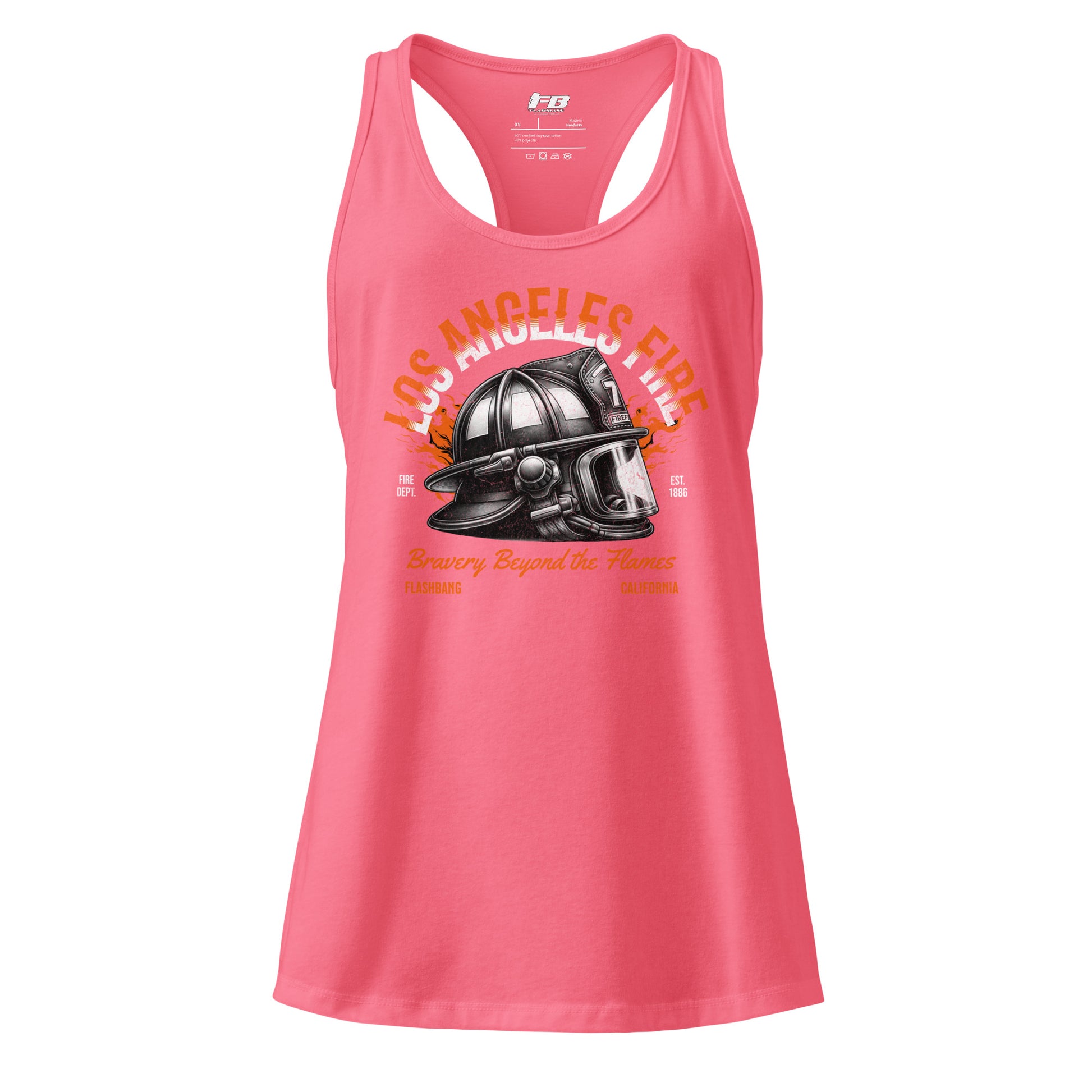Pink tank top with a fire helmet graphic and text on a white background