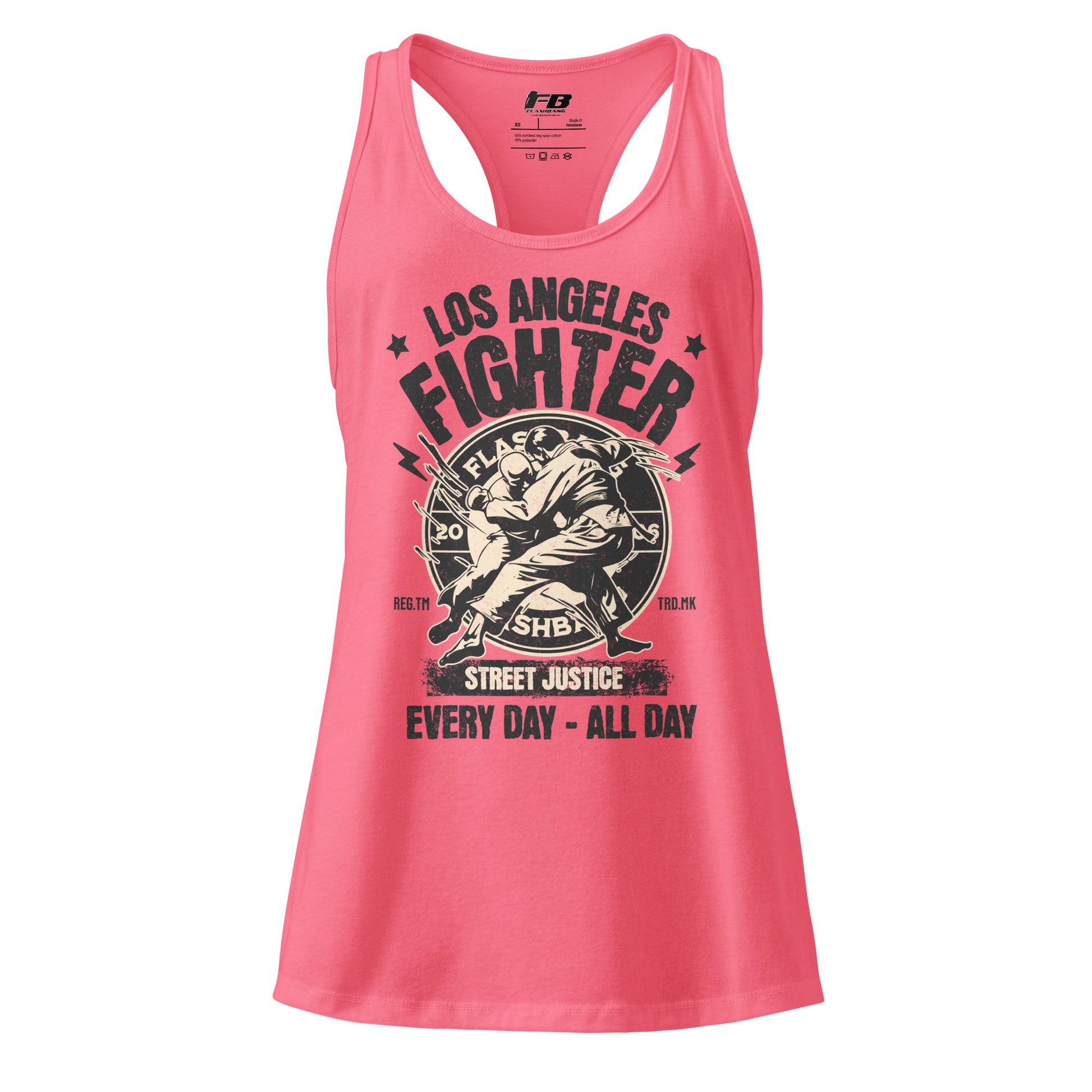 Pink tank top with 'Los Angeles Fighter' graphic design on a white background