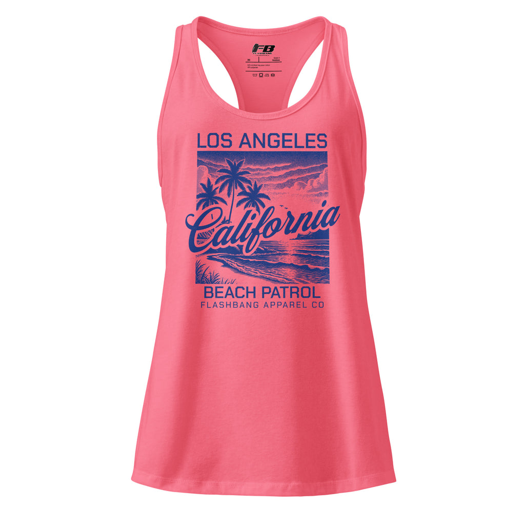 Pink tank top with 'Los Angeles California Beach Patrol' design on a white background