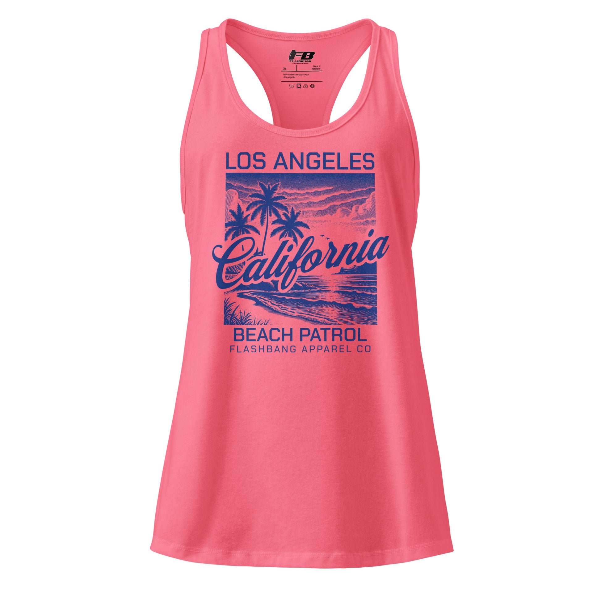 Pink tank top with 'Los Angeles California Beach Patrol' design on a white background