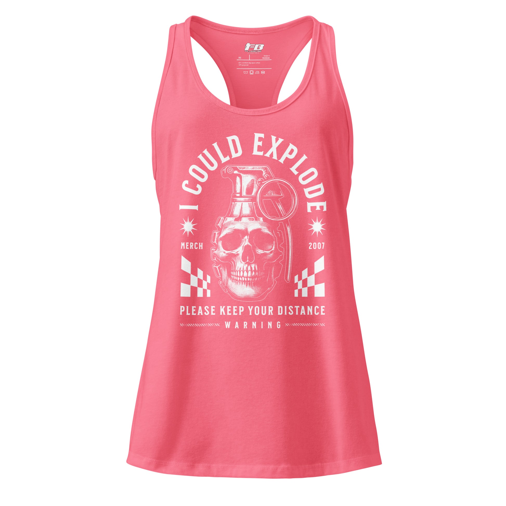 Pink tank top with white graphic design on a white background