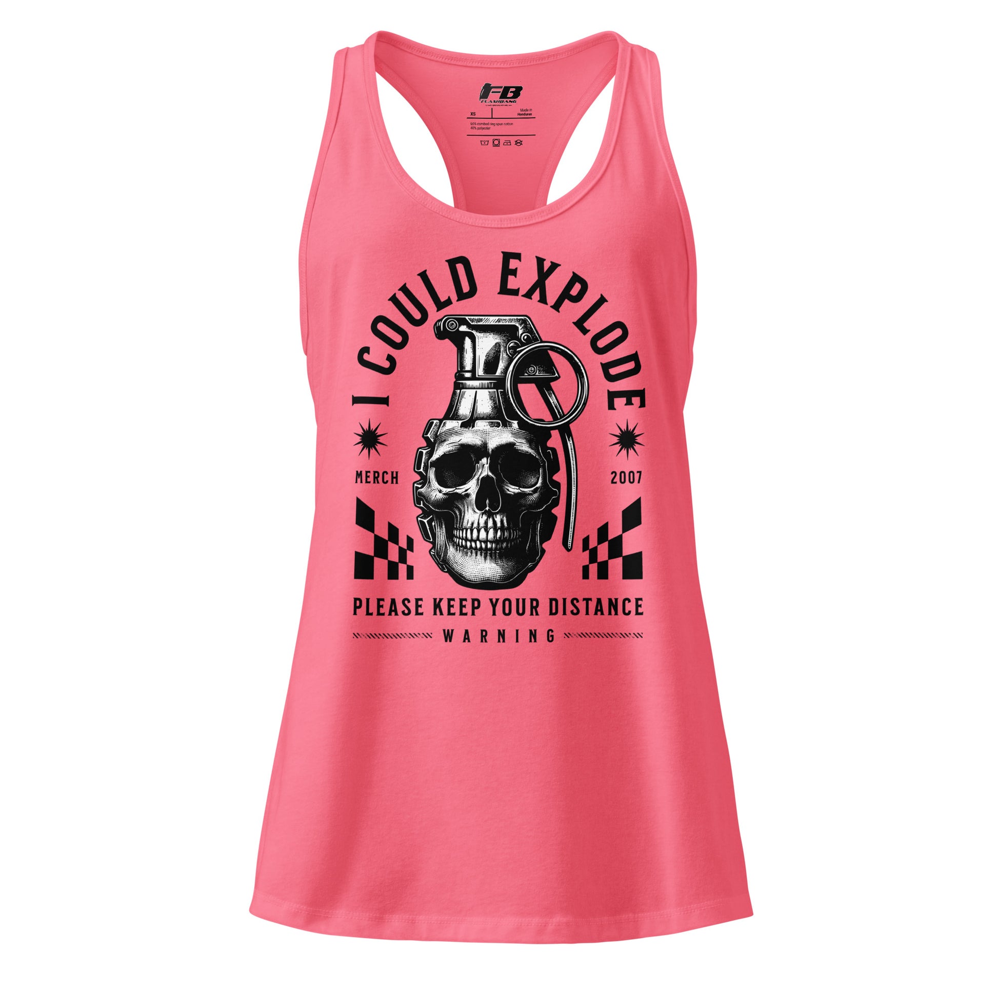 Pink tank top with graphic design and text on a white background