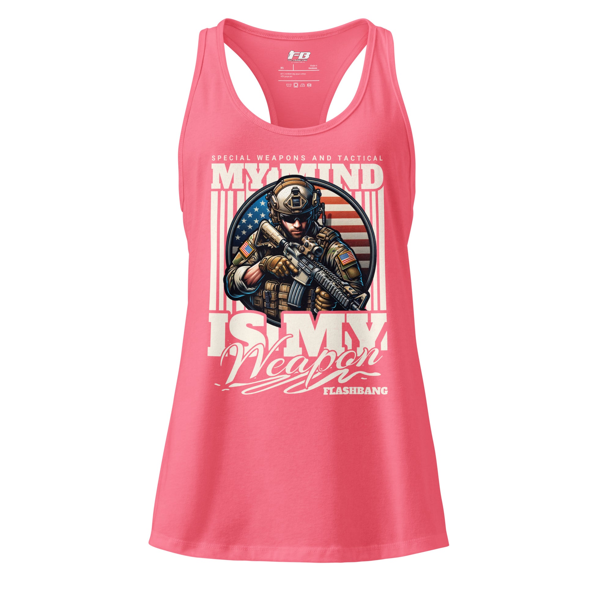 Pink tank top with graphic design and text on a white background