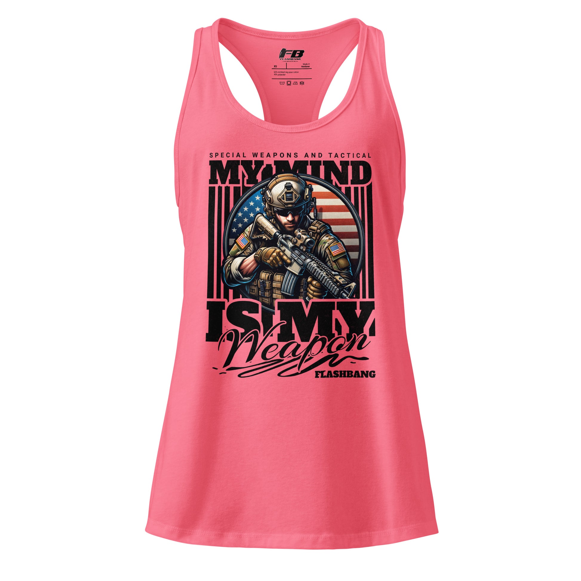 Pink tank top with graphic design and text on a white background