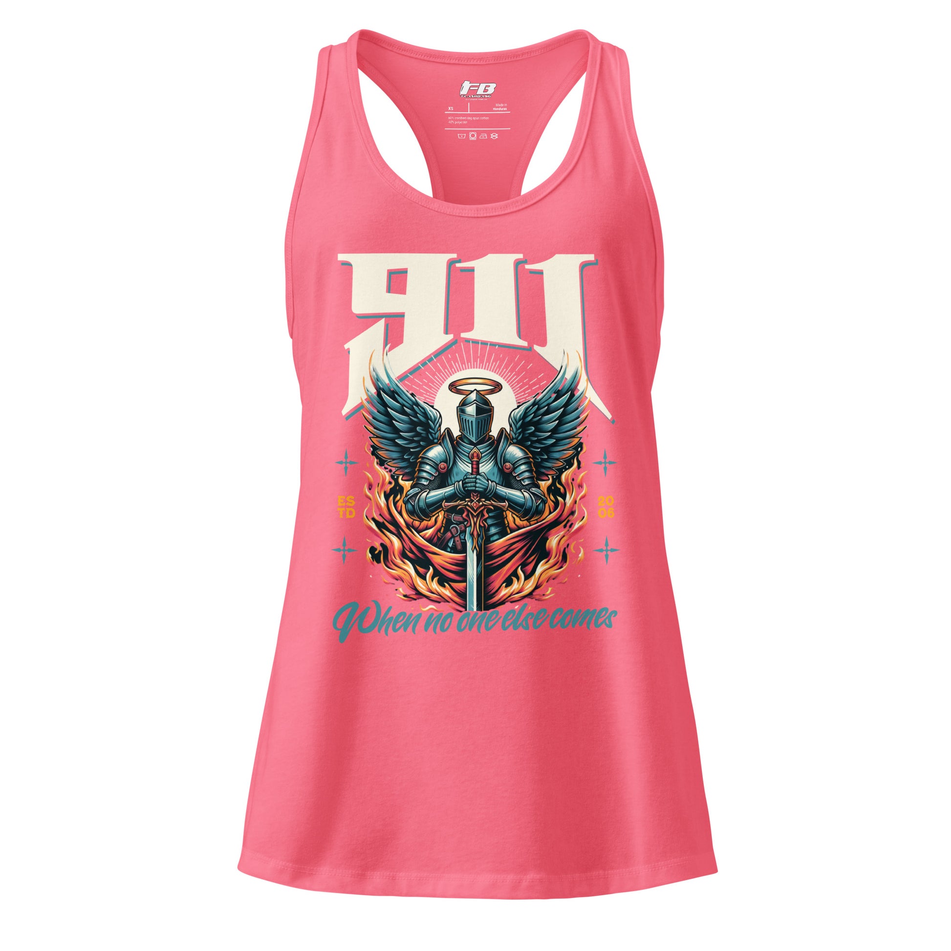 Pink tank top with graphic design and text on a white background