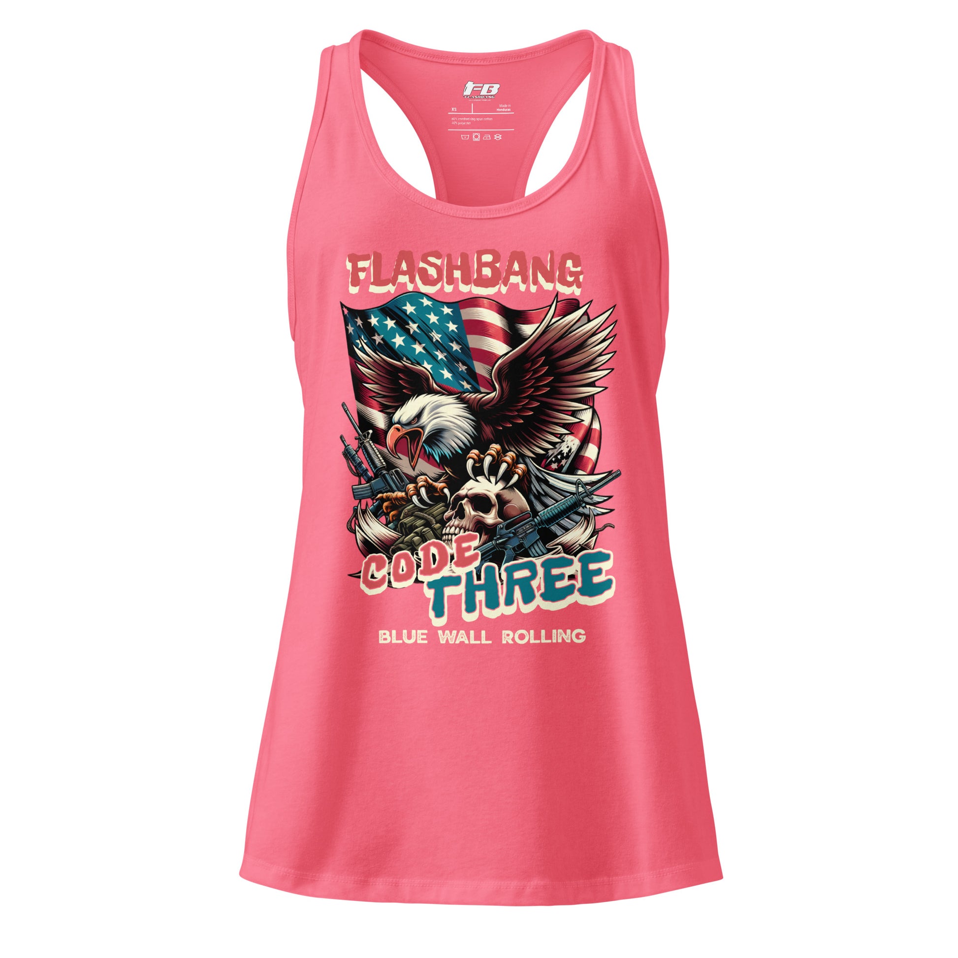 Pink tank top with graphic design and text on a white background