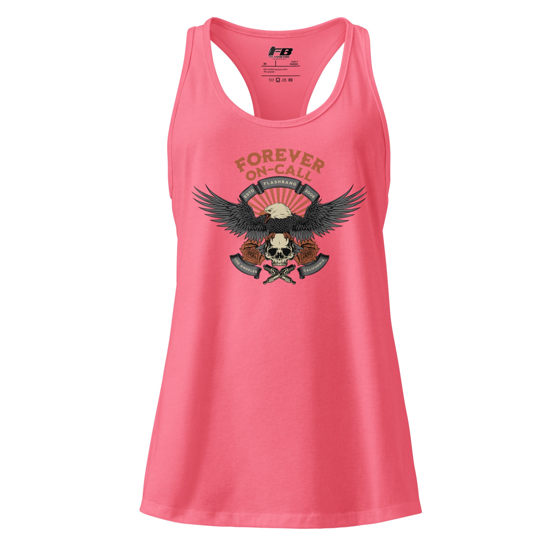 Pink tank top with graphic design and 'FB' logo on a white background