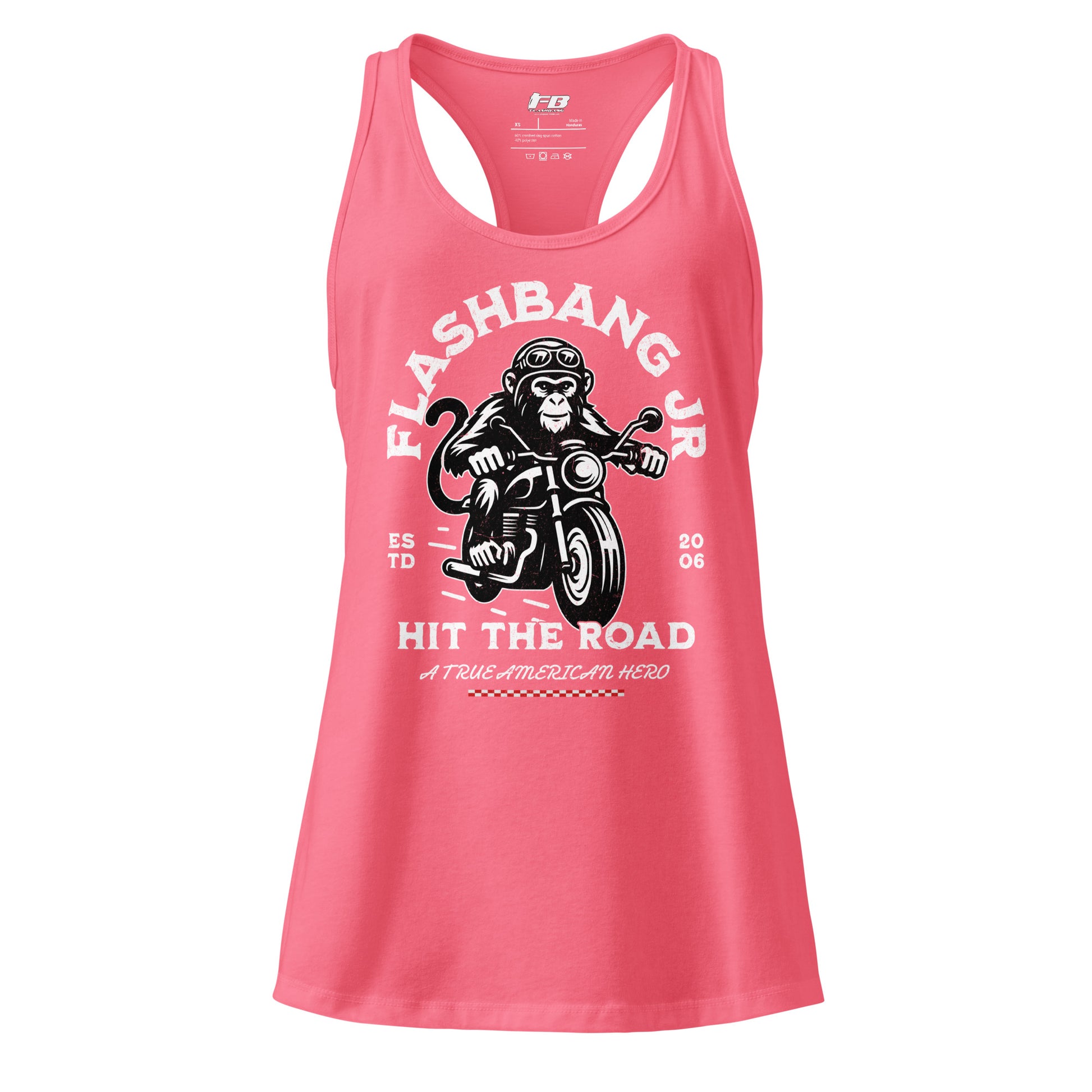 Pink tank top with monkey on a motorcycle graphic and text on a white background