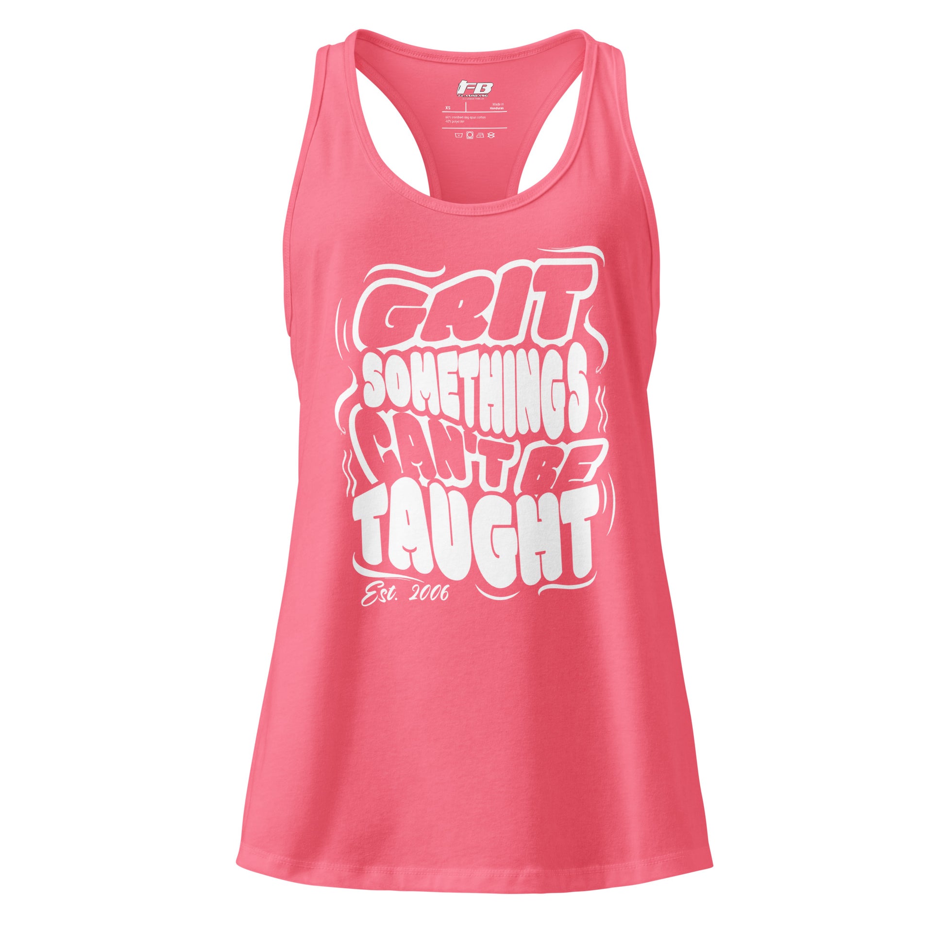 Pink tank top with white text on a white background