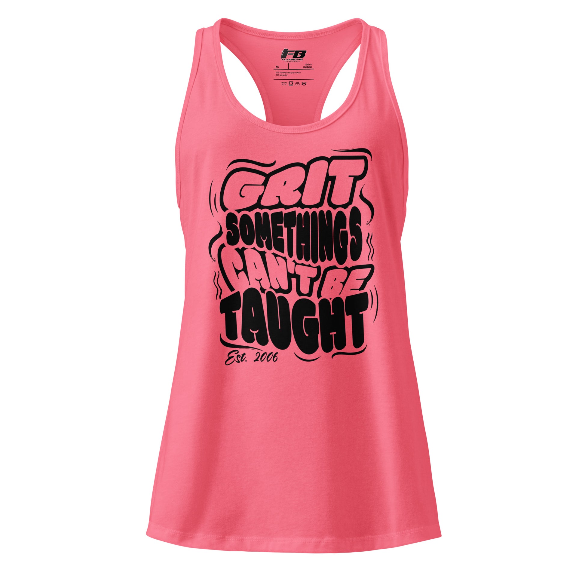 Pink tank top with black text on a white background