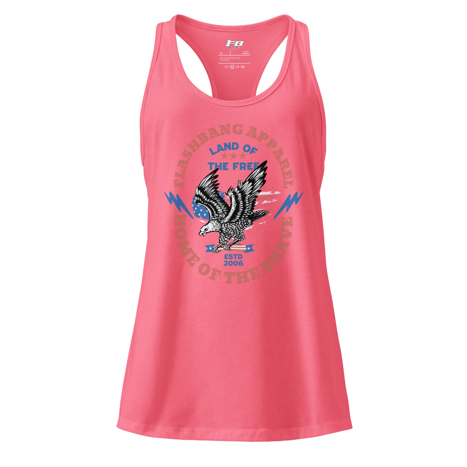 Pink tank top with eagle graphic and text on a white background