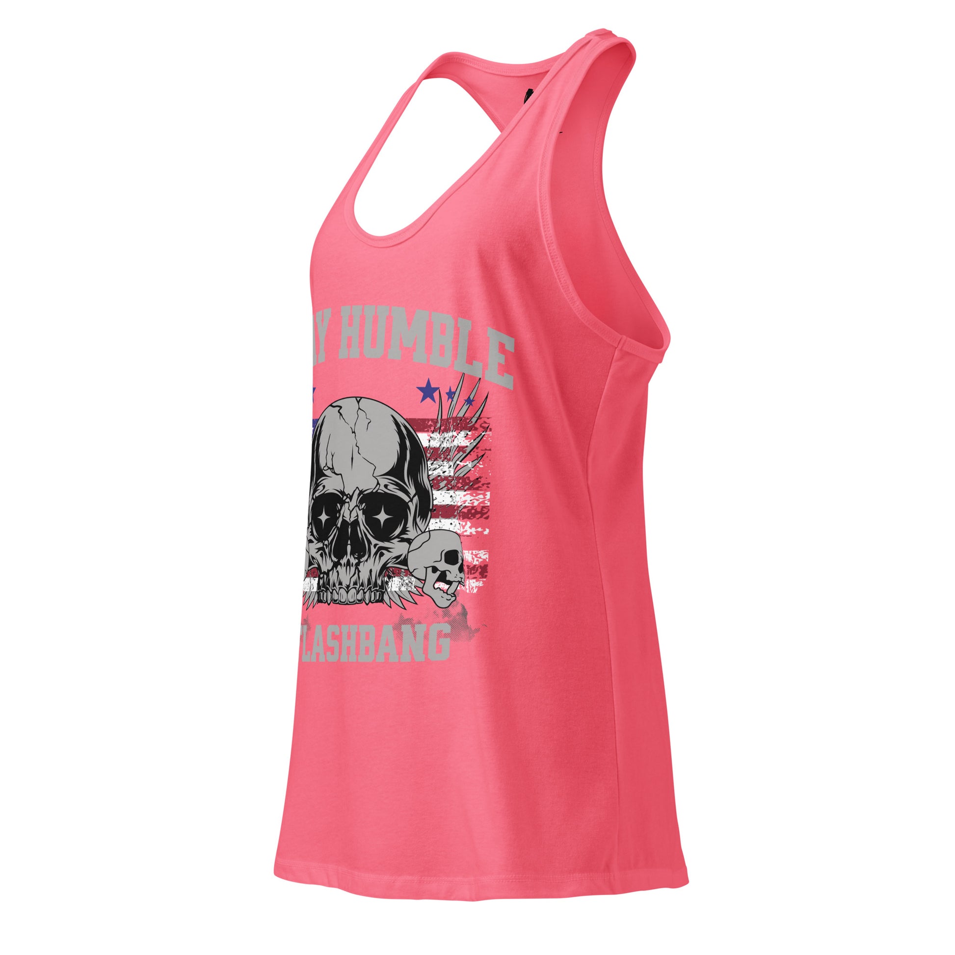 Pink tank top with skull design and text on a white background