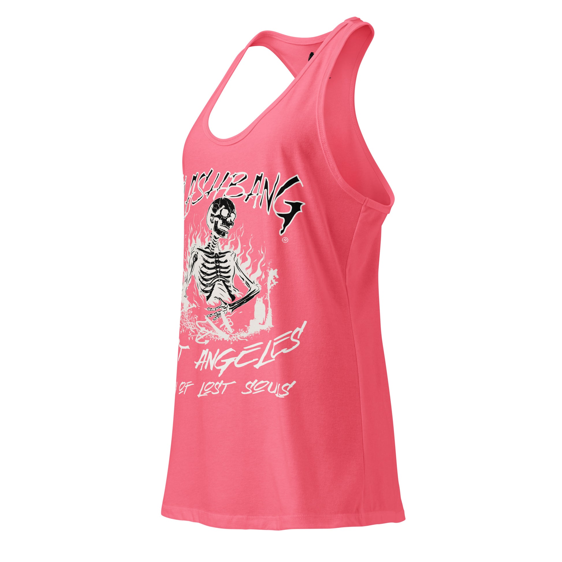 Pink tank top with skeleton graphic and text on a white background