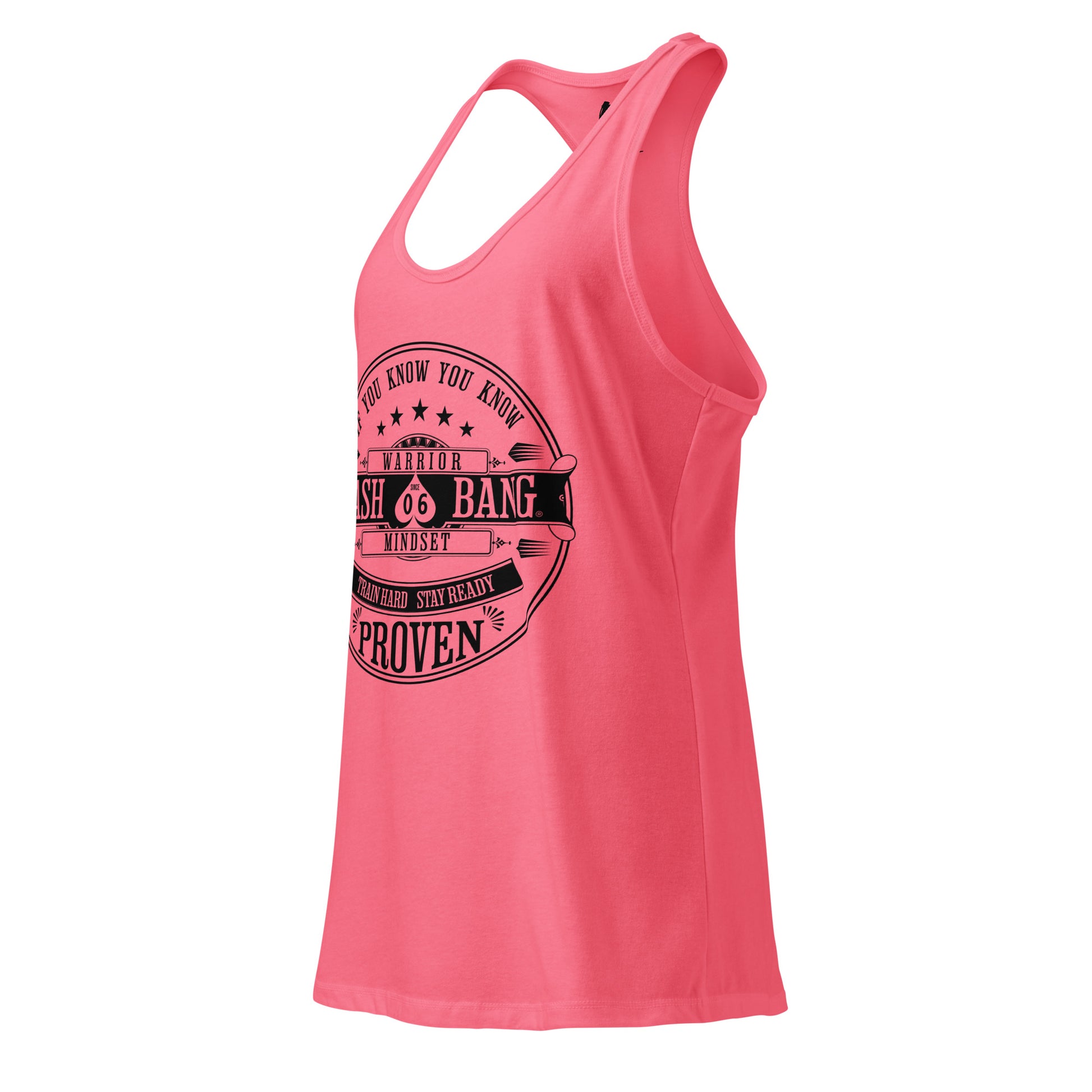 Pink tank top with black graphic design on a white background