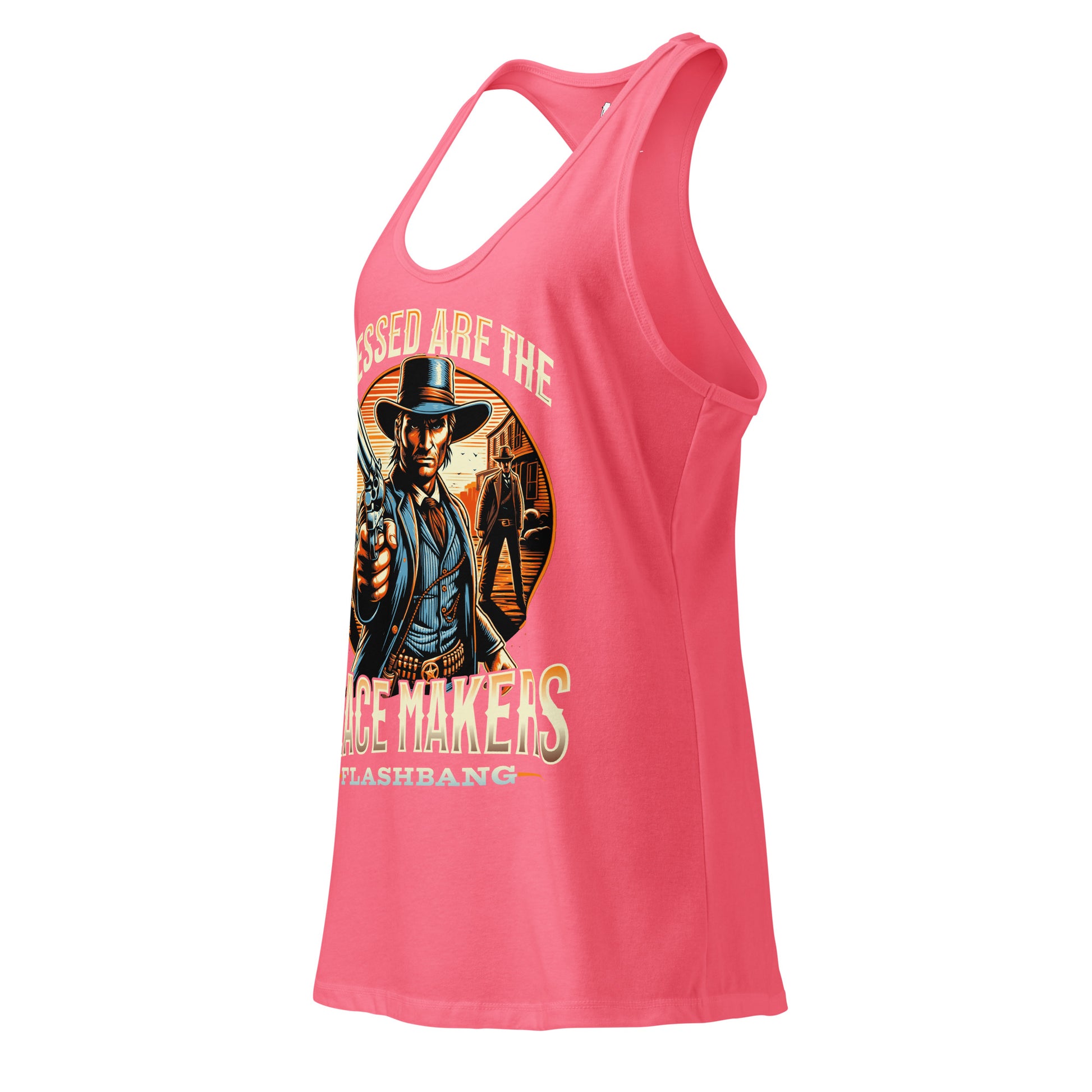 Pink tank top with graphic design of a cowboy and text on a white background