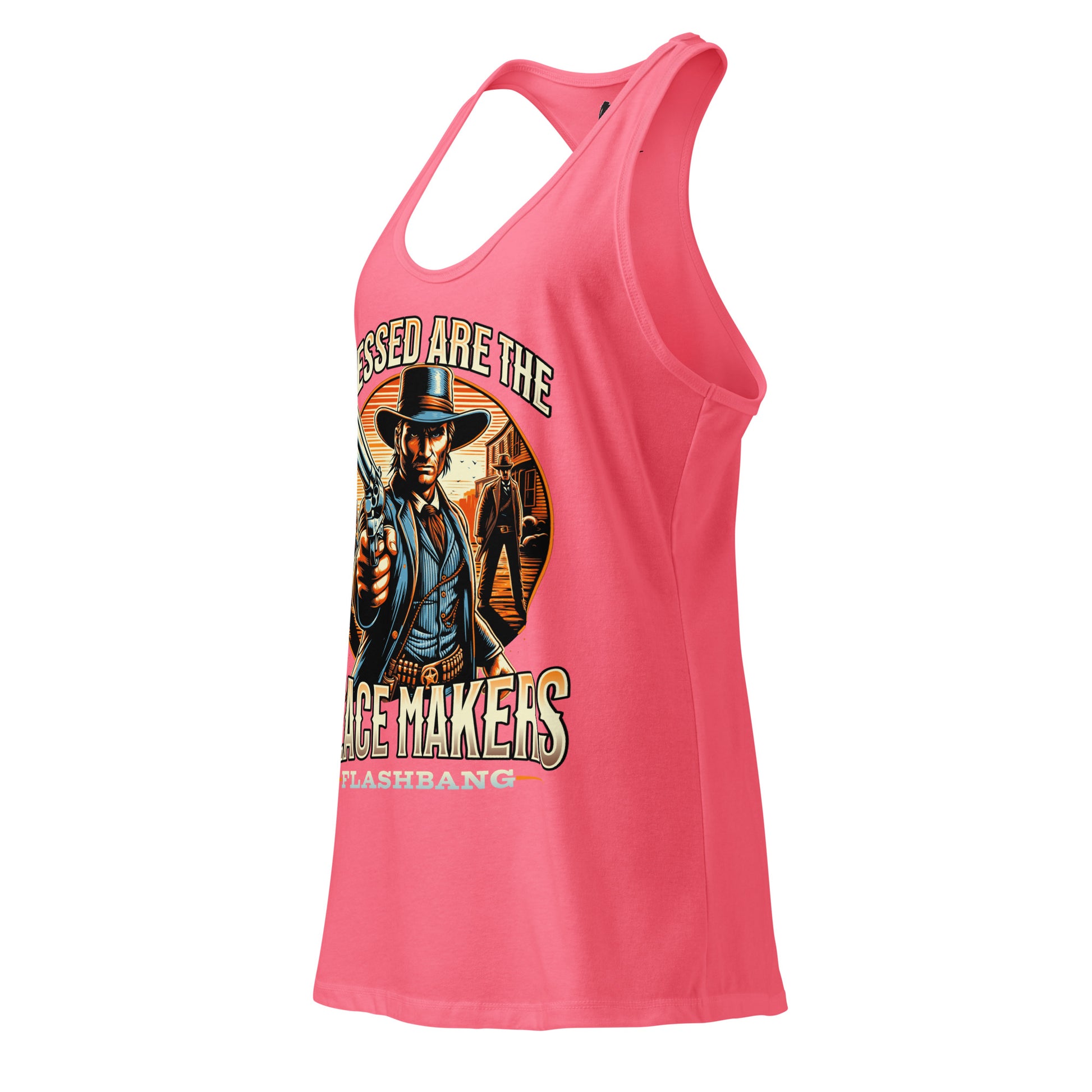 Pink tank top with graphic design and text on a white background