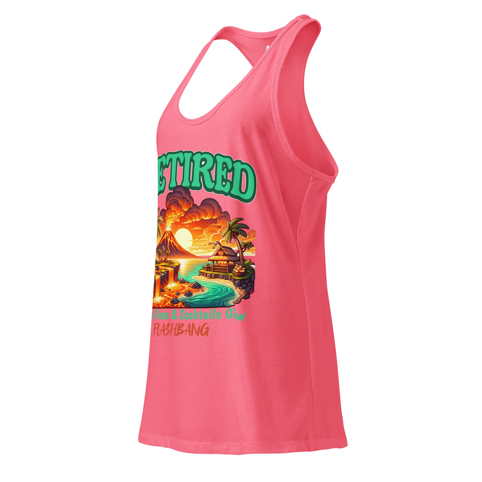 Pink tank top with a tropical graphic and 'Retired' text on a white background
