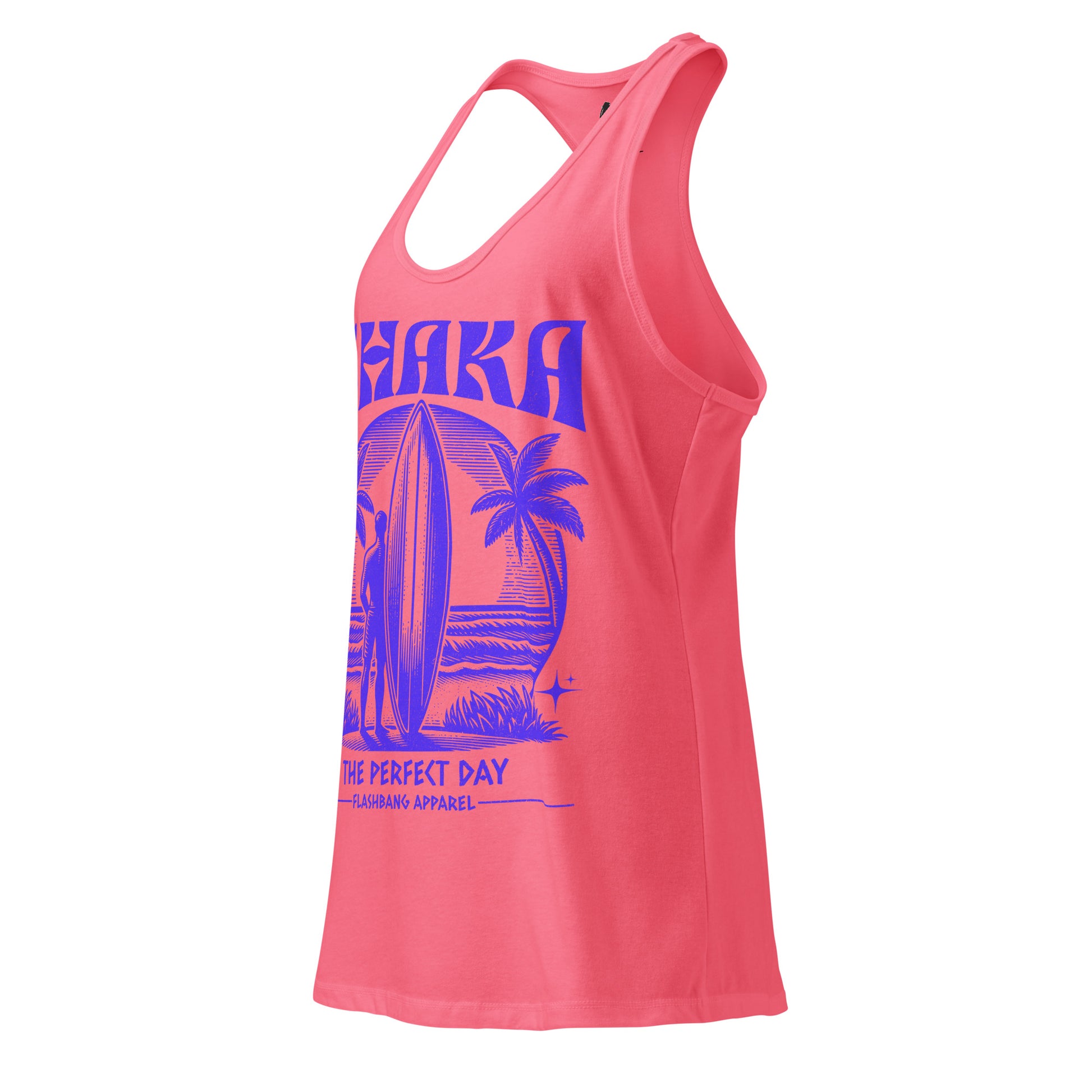 Pink tank top with blue graphic design on a white background