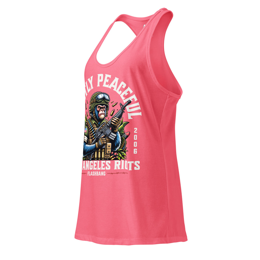 Pink tank top with graphic design and text on a white background