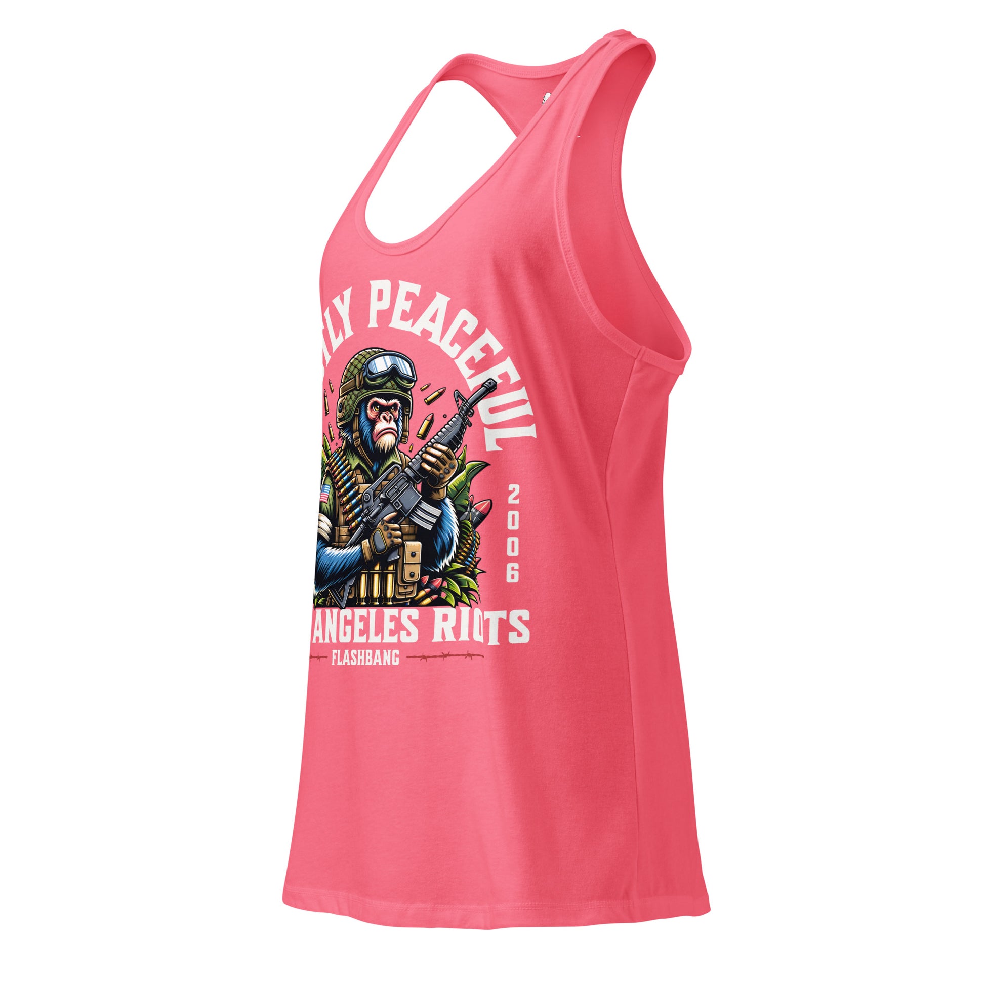 Pink tank top with graphic design and text on a white background