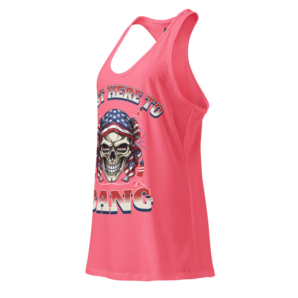 Pink tank top with skull graphic and text on a white background