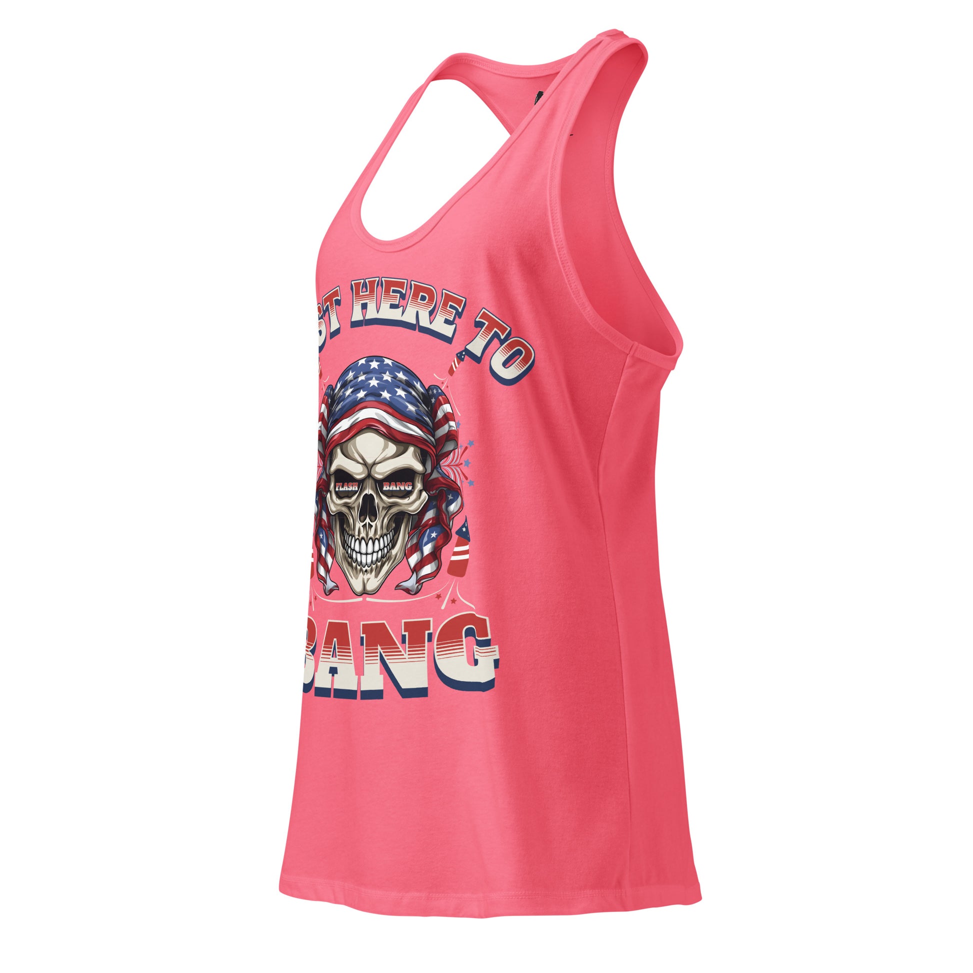 Pink tank top with skull graphic and text on a white background
