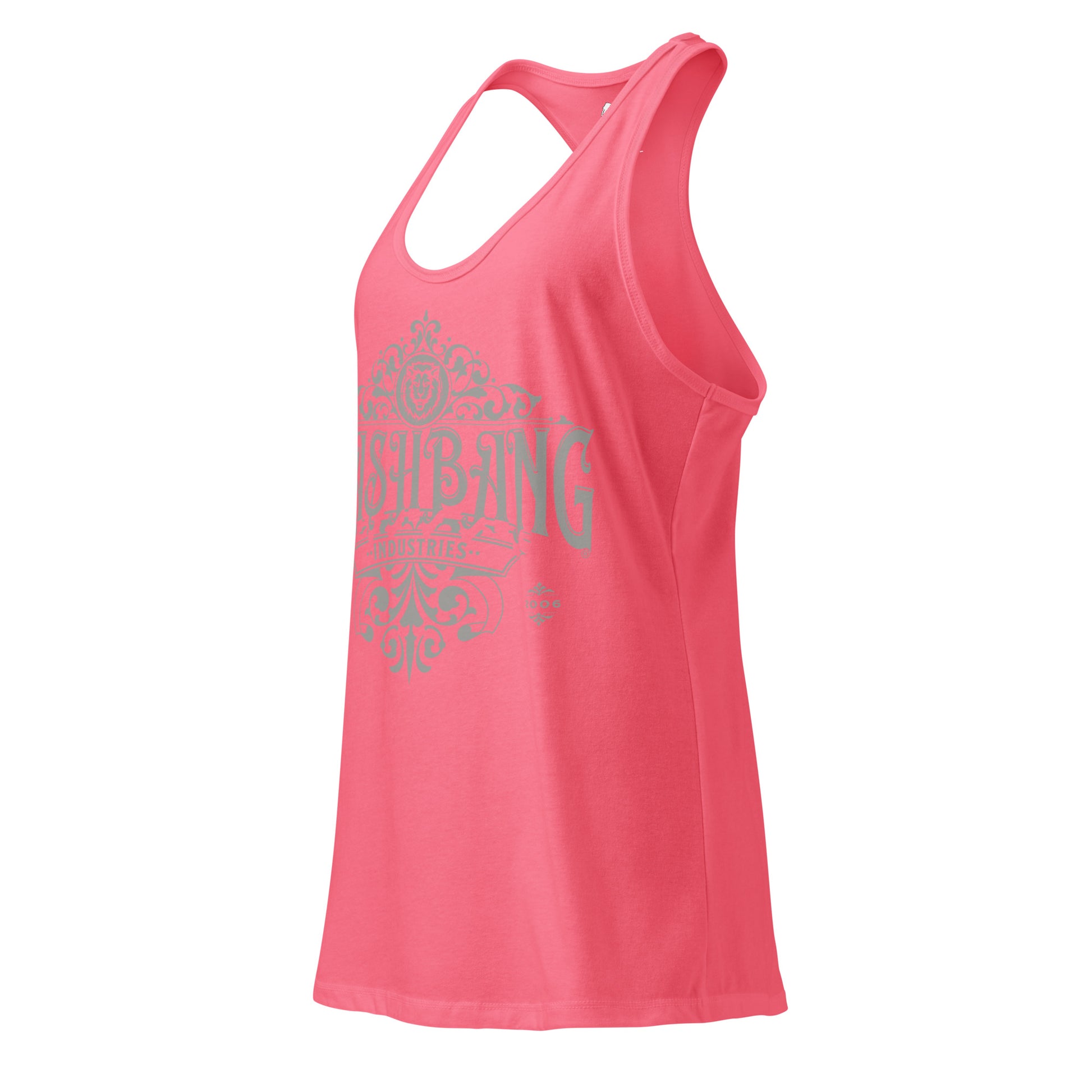 Pink tank top with floral design and text on a white background
