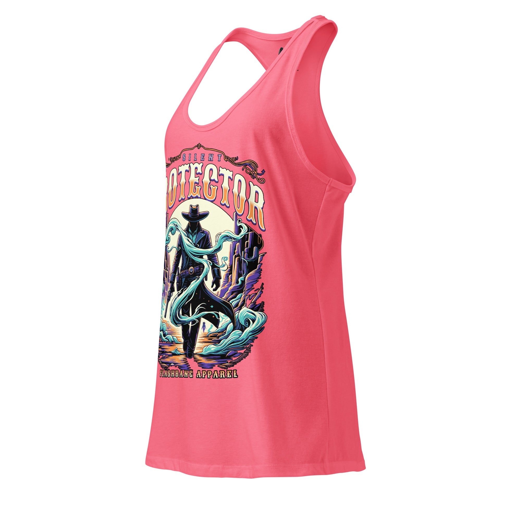 Pink tank top with a colorful graphic design on a white background