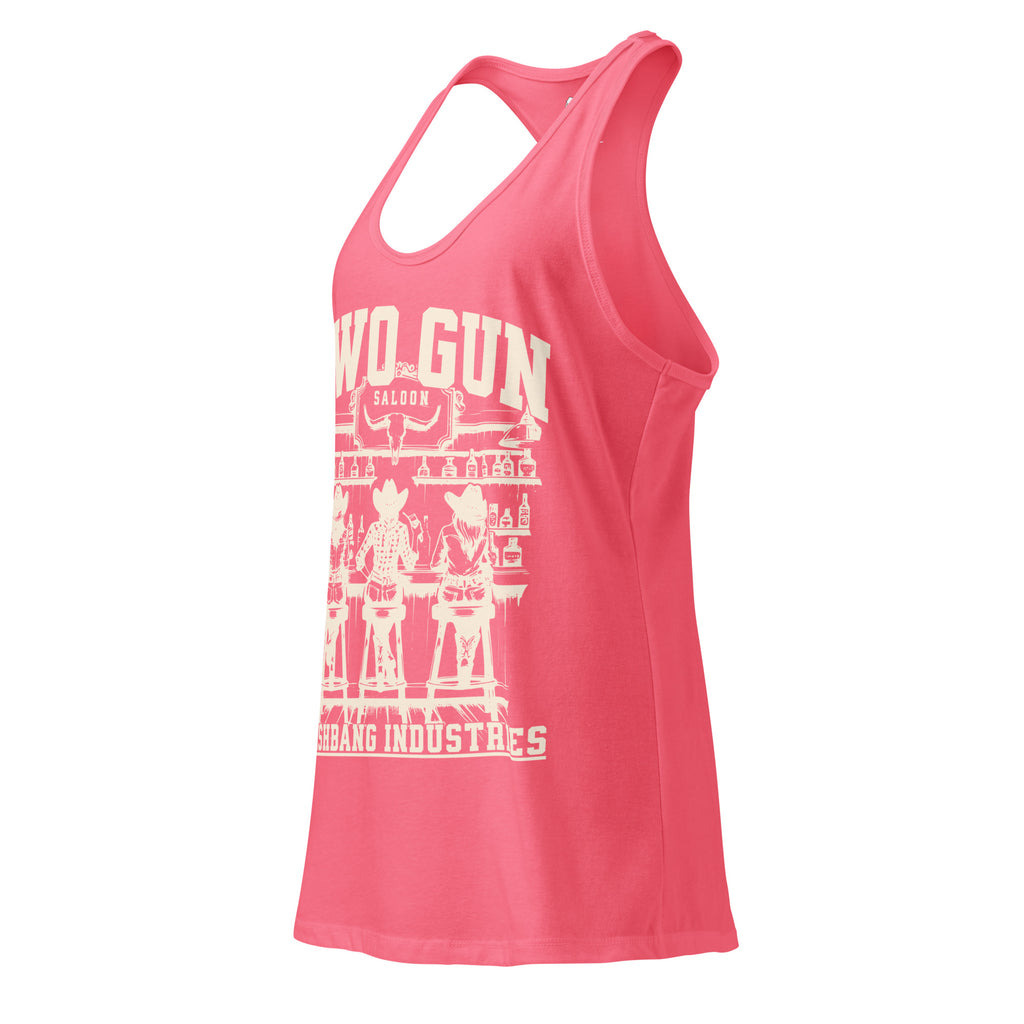 Pink tank top with white graphic design on a white background