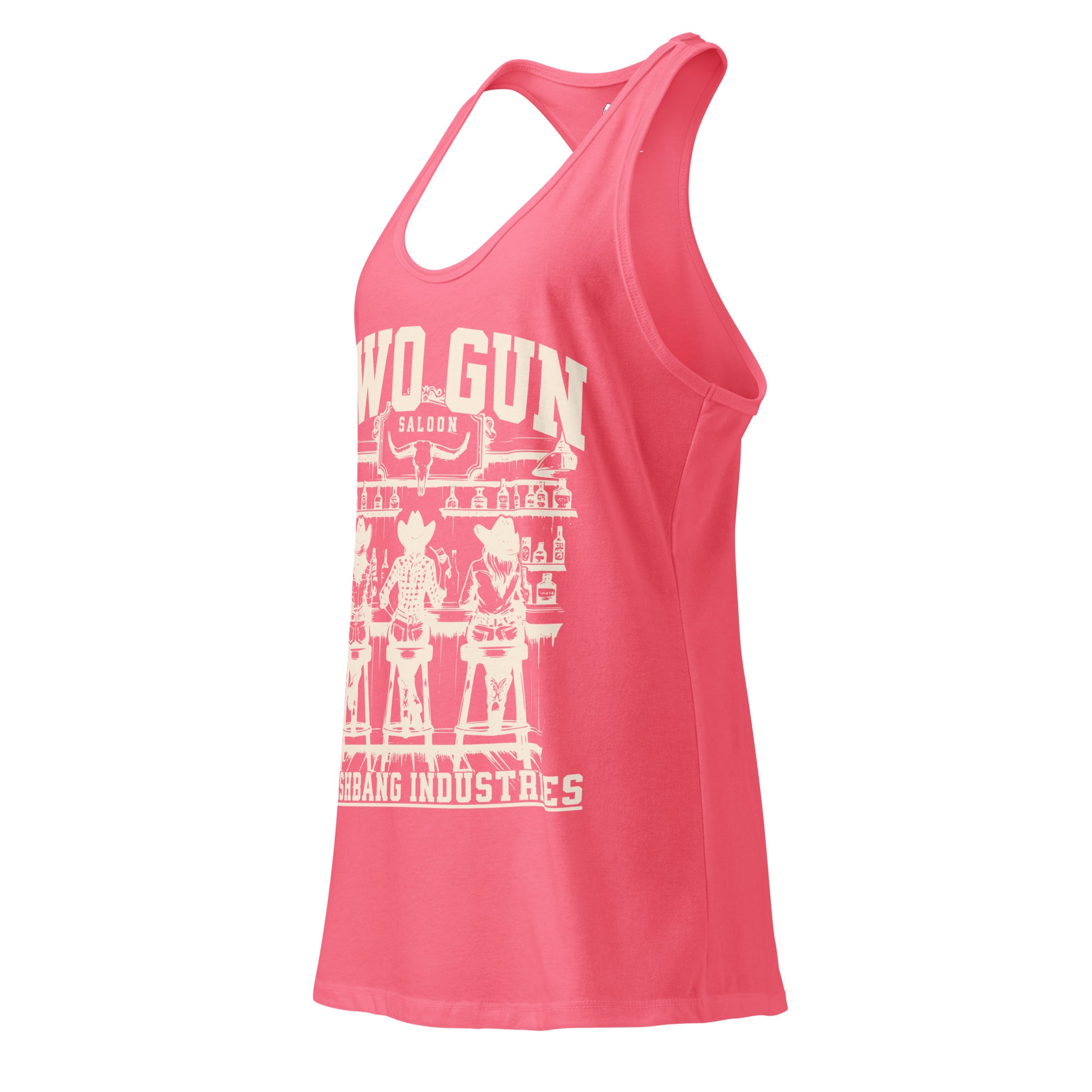 Pink tank top with white graphic design on a white background