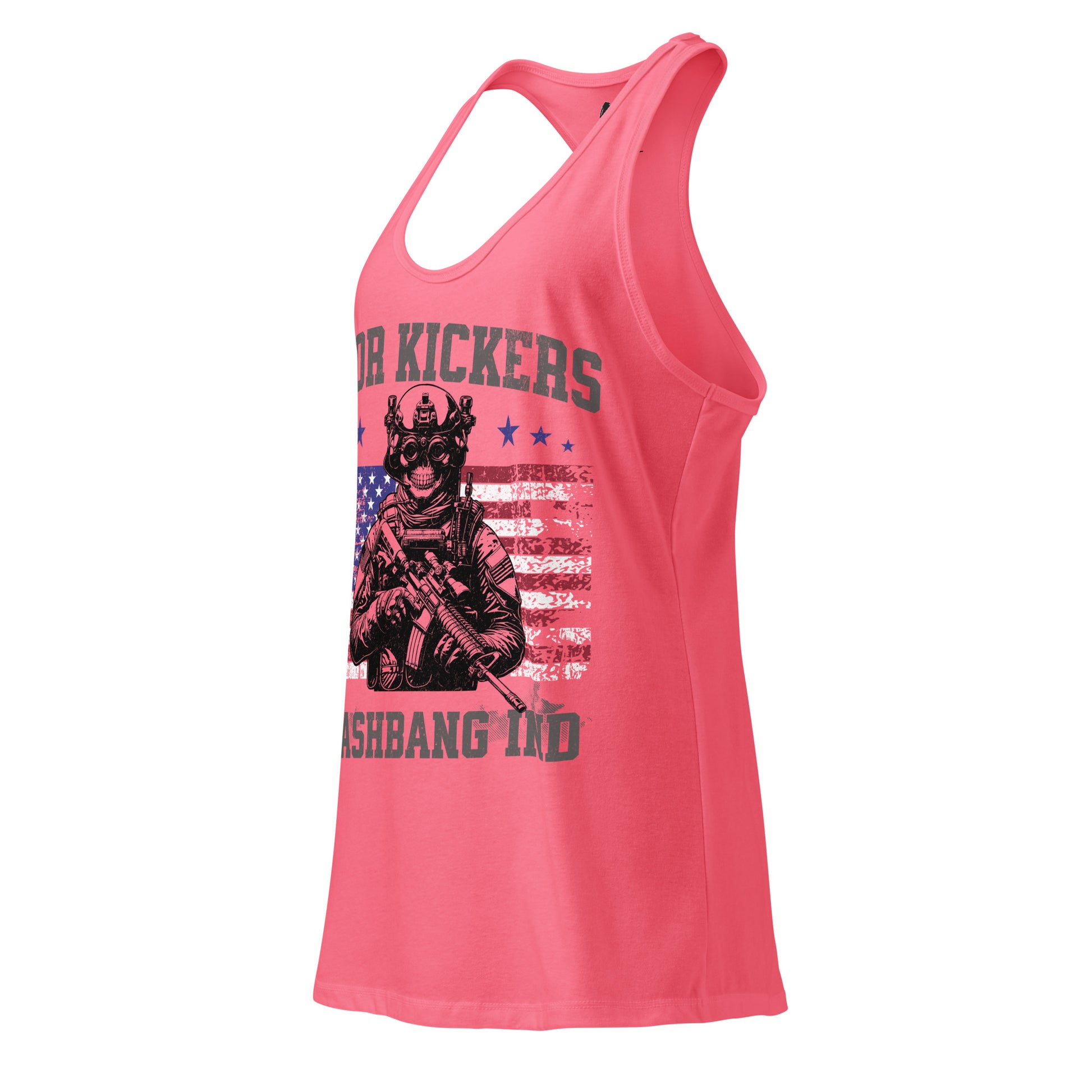 Pink tank top with graphic design and text on a white background