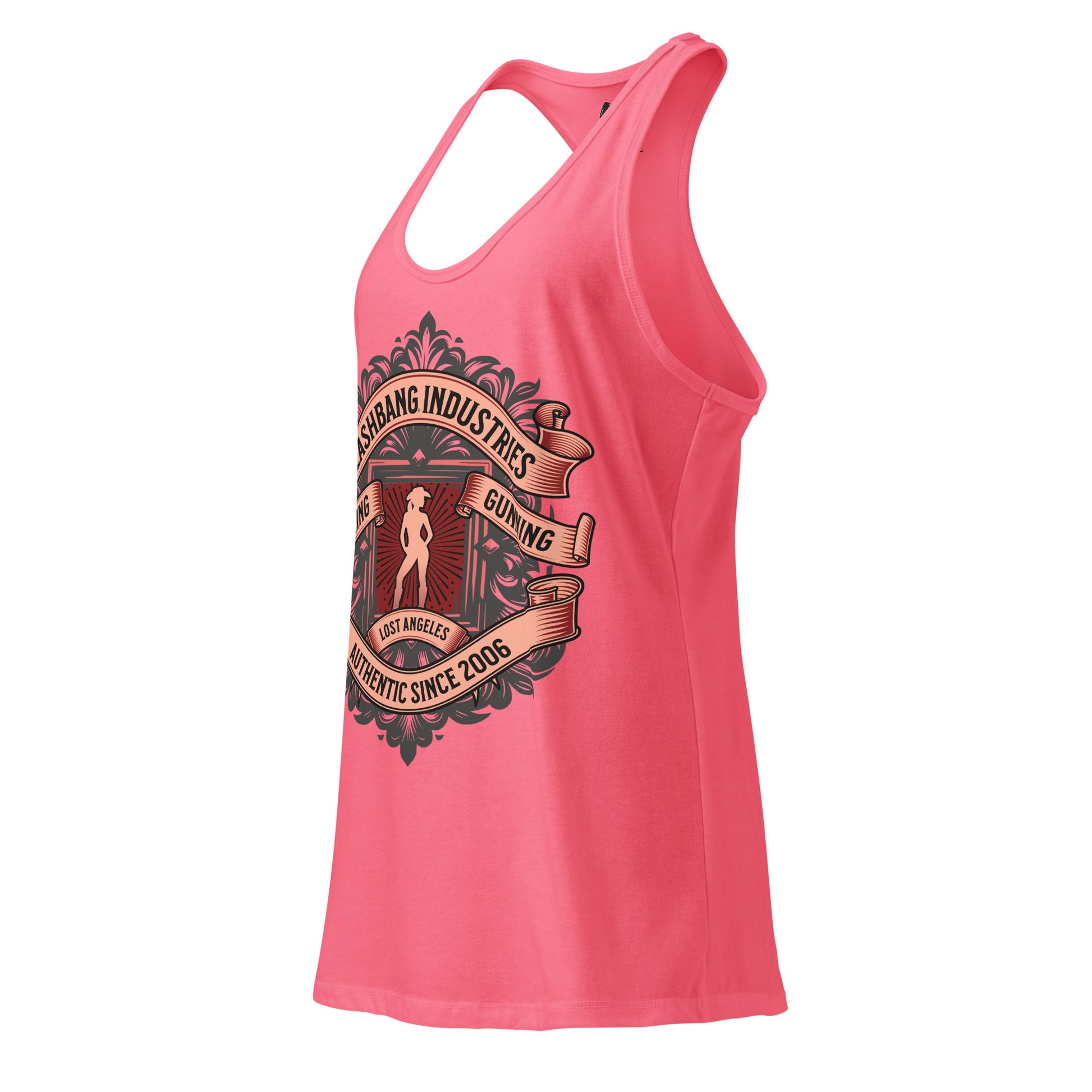 Pink tank top with graphic design on a white background