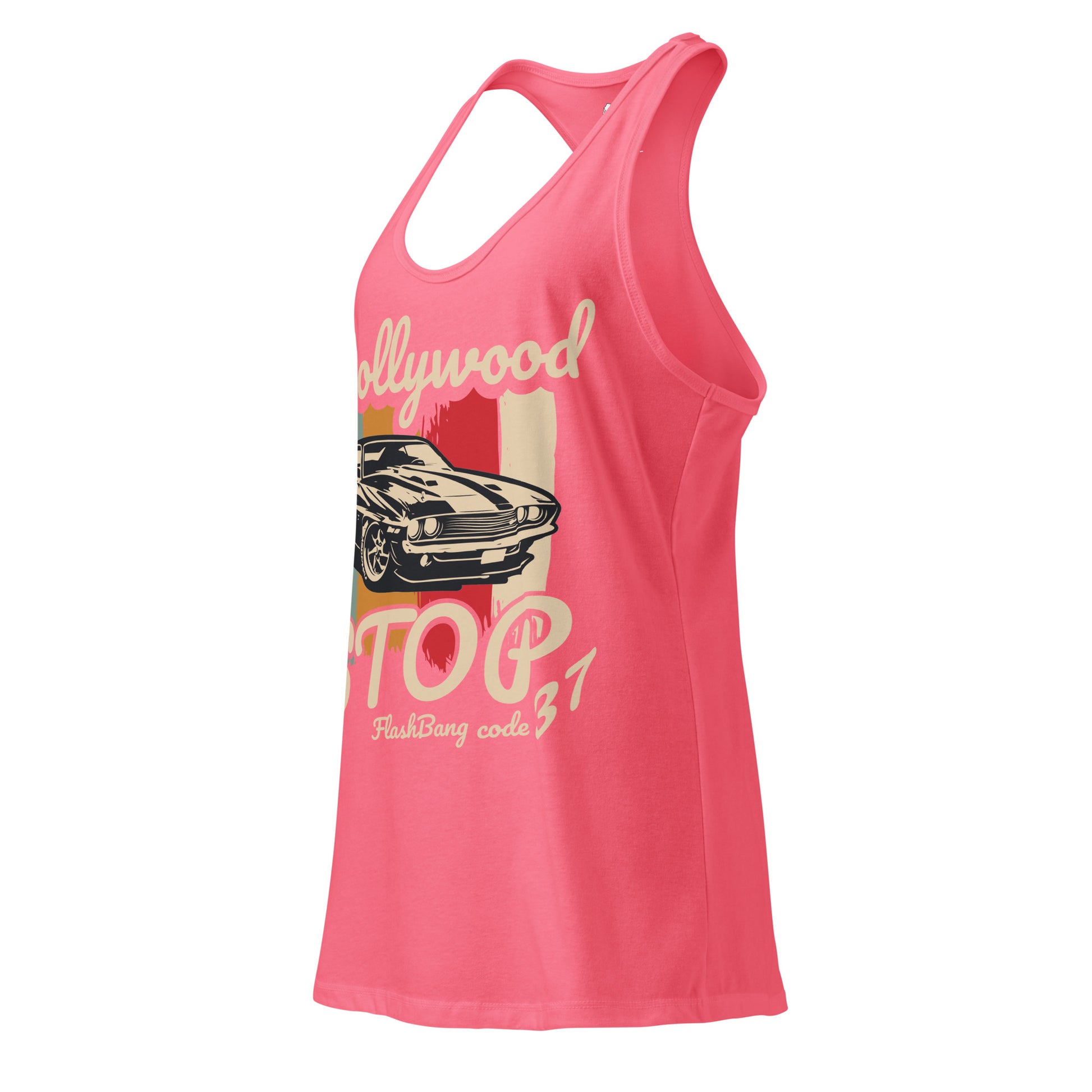 Pink tank top with vintage car graphic and text on a white background
