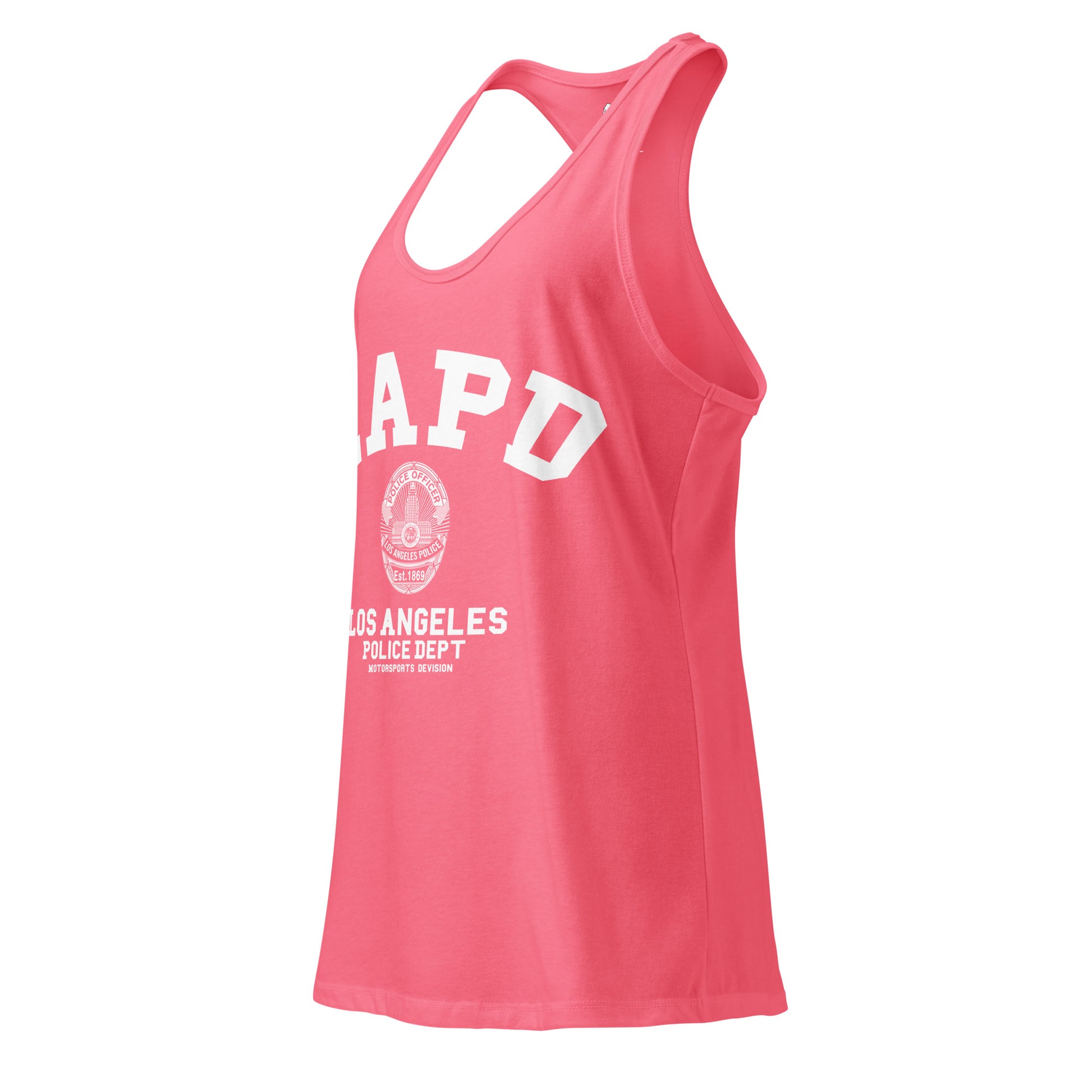 Pink tank top with 'APD' and 'Los Angeles Police Dept' text on a white background