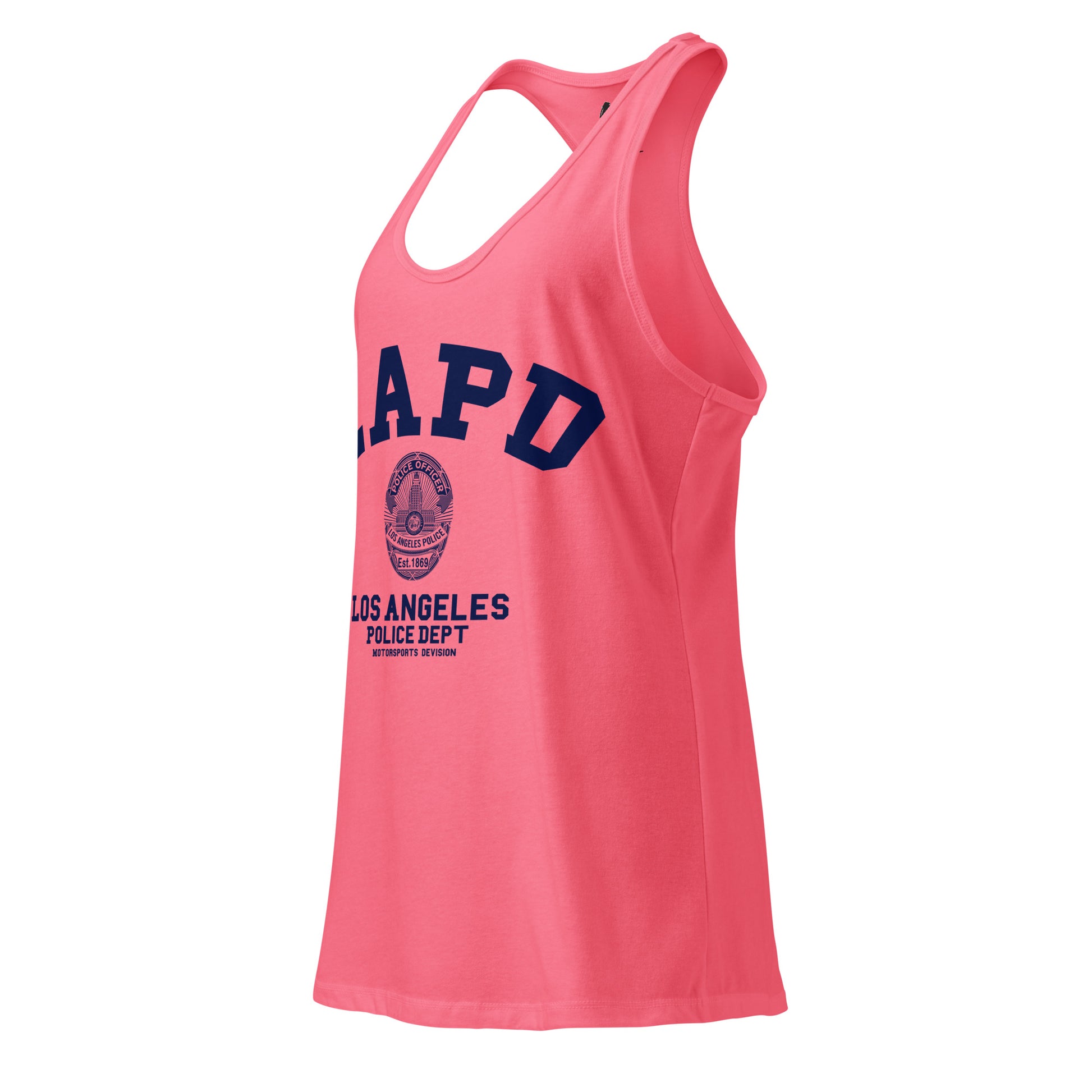 Pink tank top with LAPD Los Angeles Police Dept text on a white background