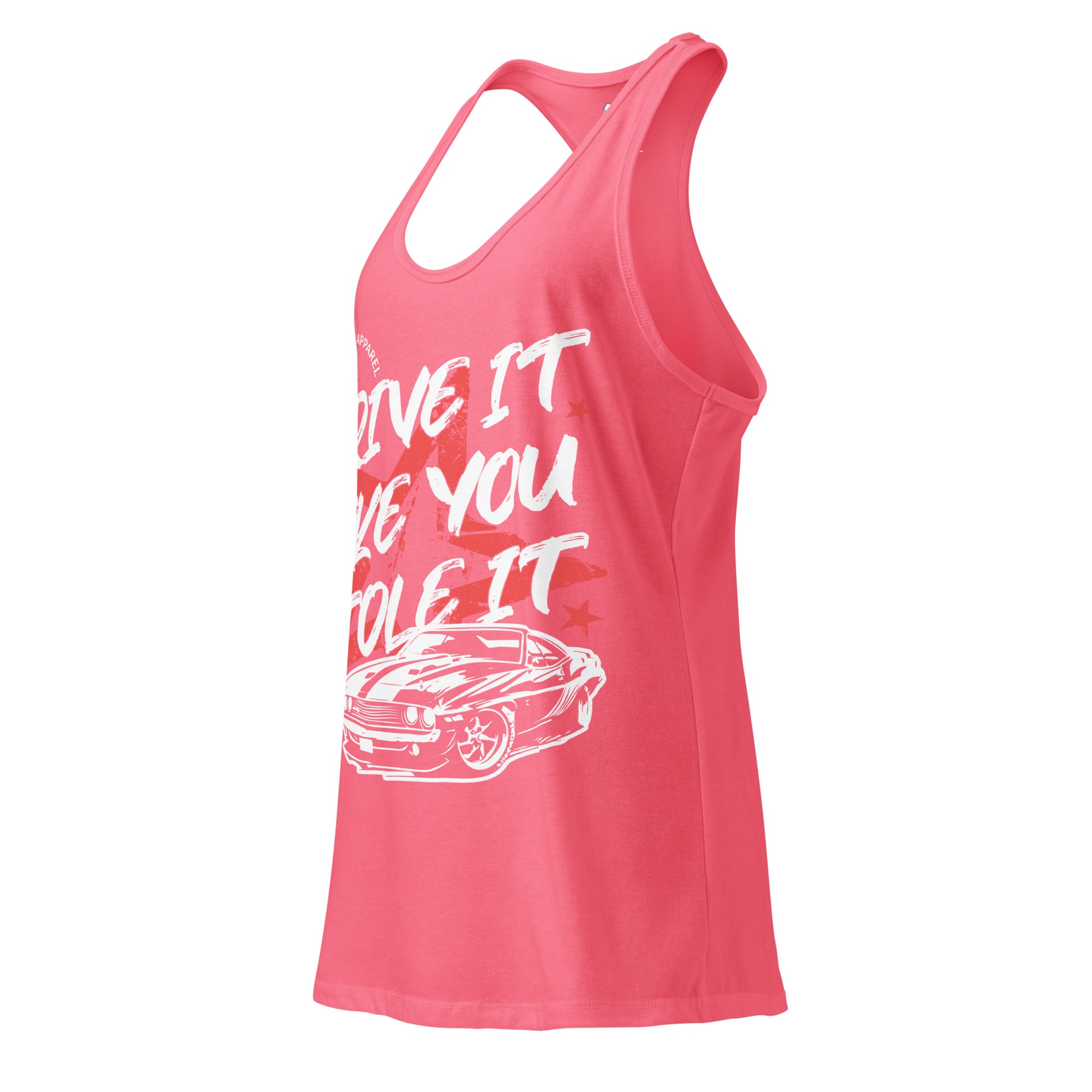 Pink tank top with white text and car graphic on a white background