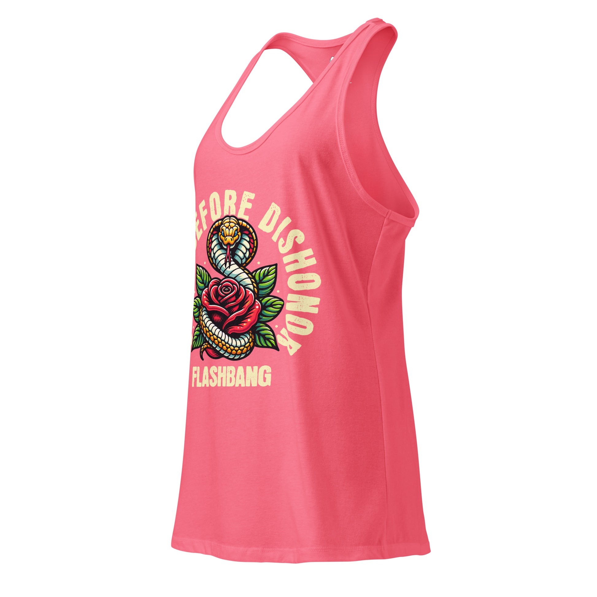 Pink tank top with snake and rose design on a white background