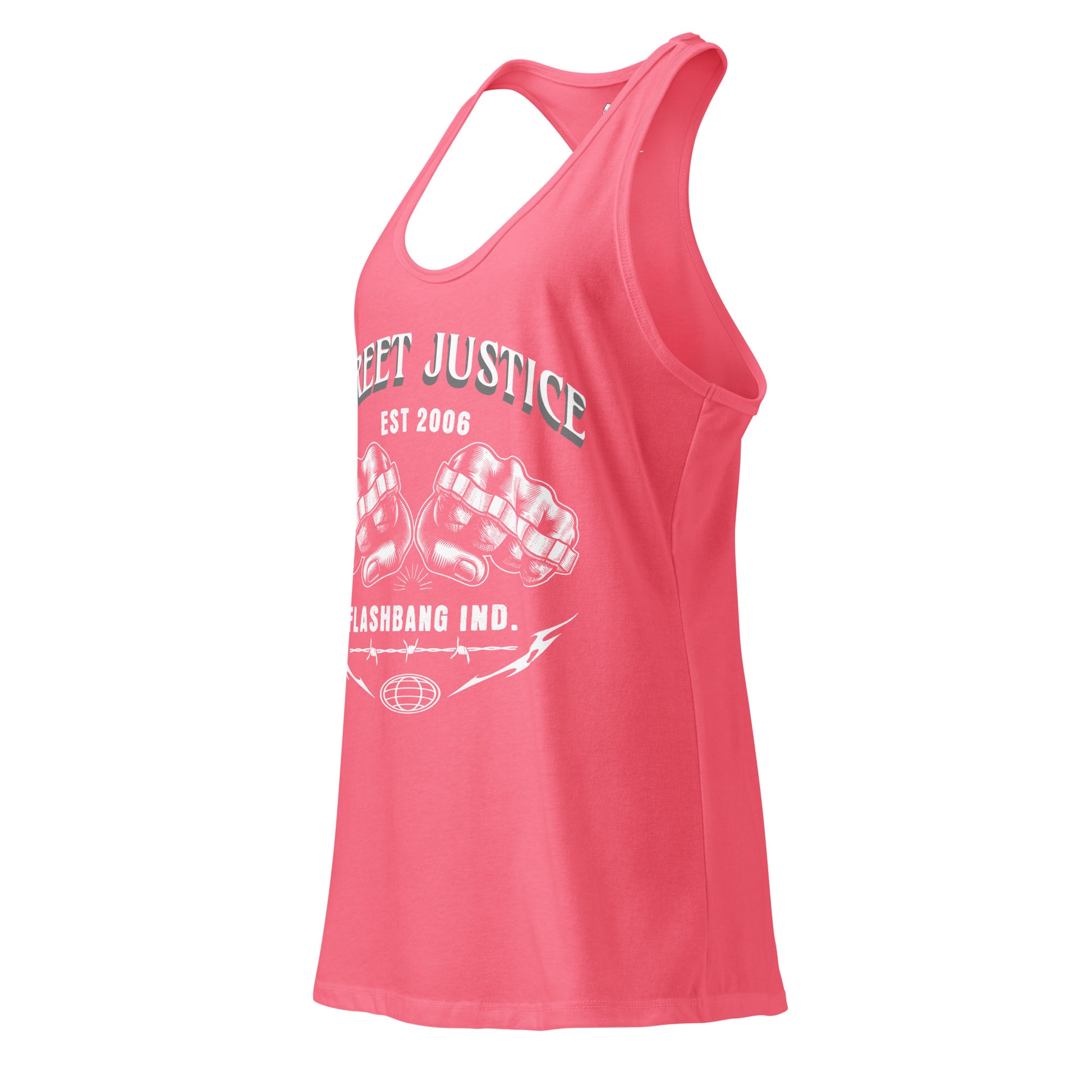 Pink tank top with white graphic and text on a white background
