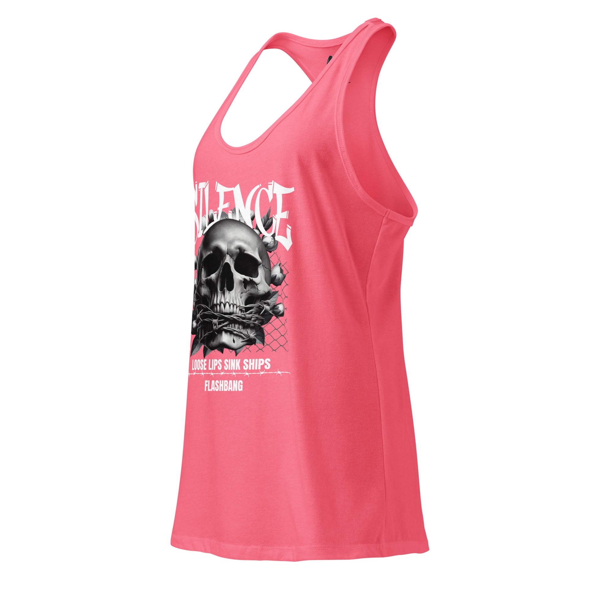 Pink tank top with a skull graphic and text on a white background