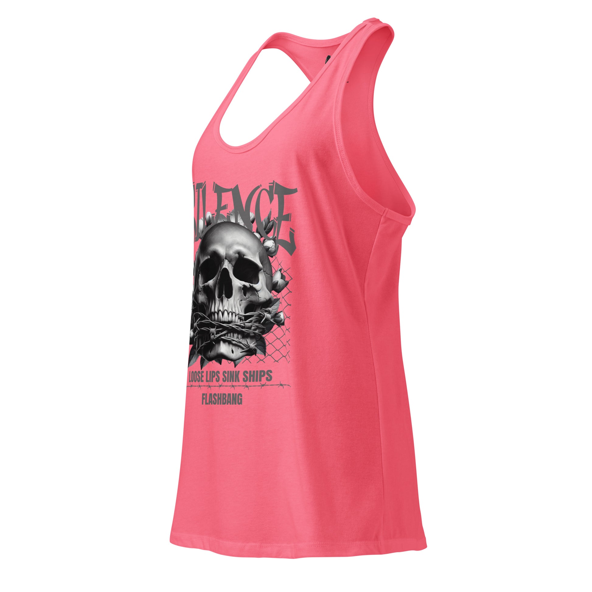Pink tank top with a skull graphic and text on a white background