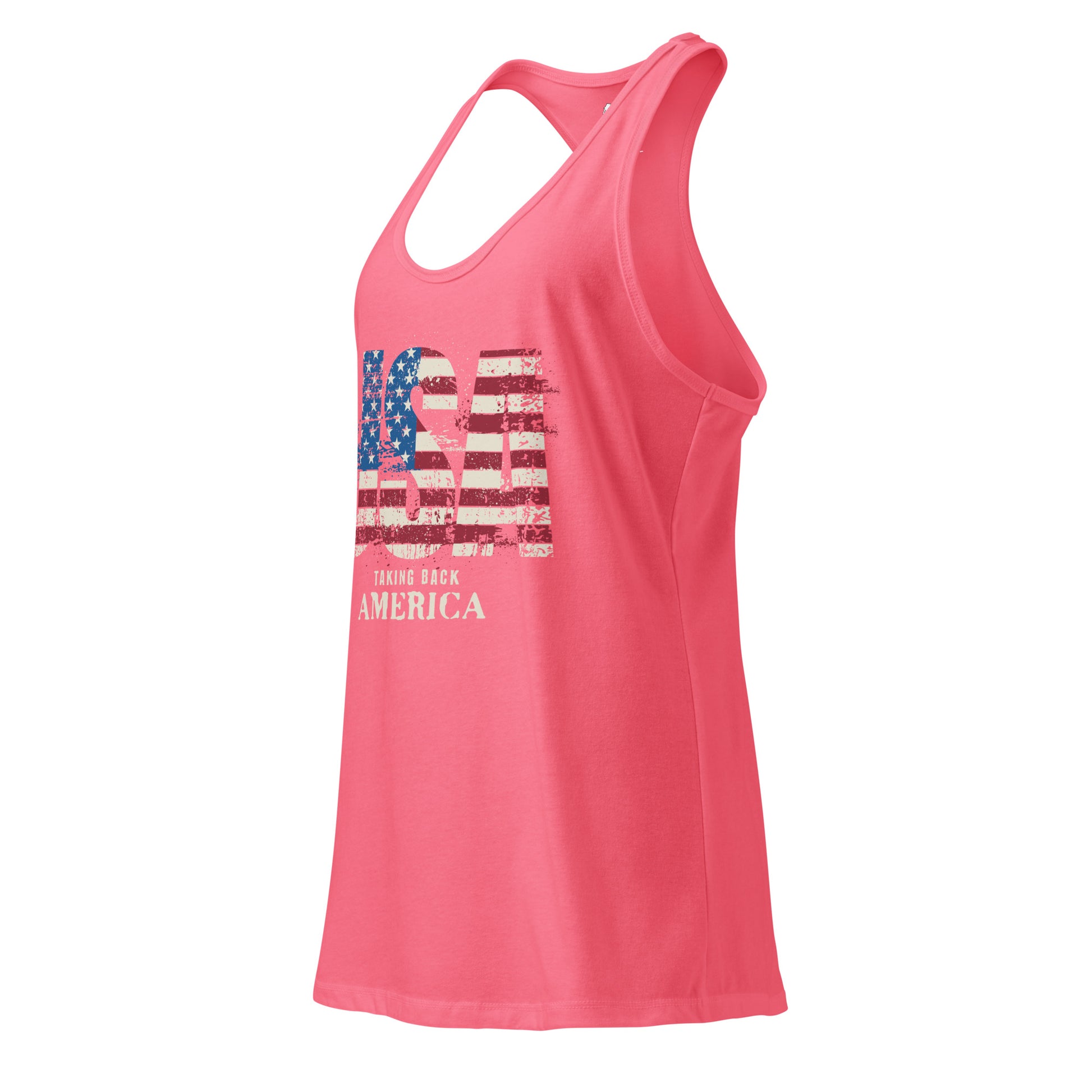 Pink tank top with American flag design on a white background